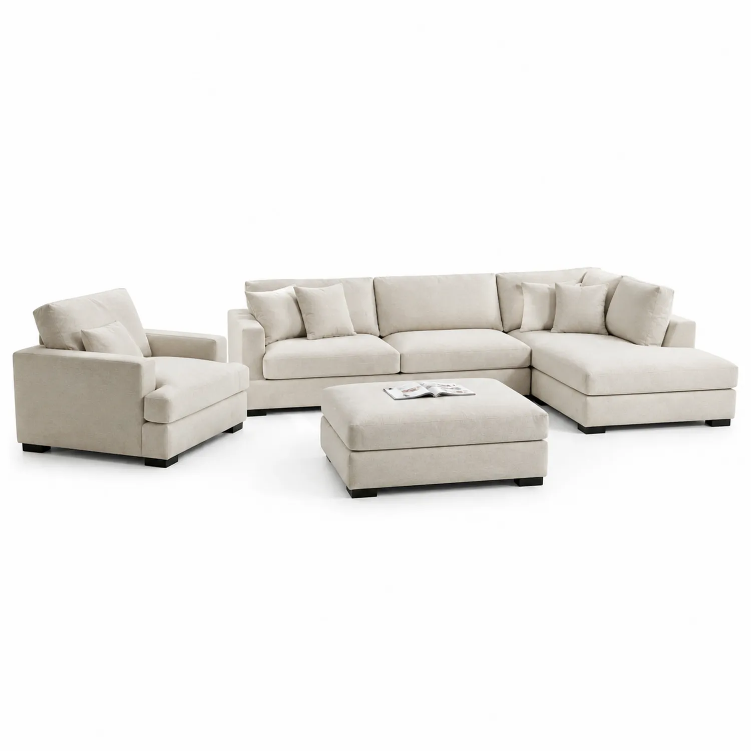 Beige Ecksofa-Garnitur mit Hocker und Sessel aus Stoff