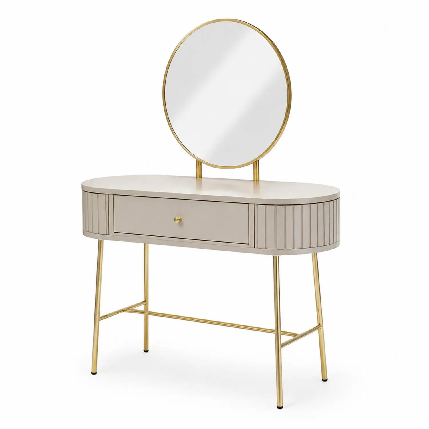 Schminktisch Oval Spiegel MDF Metall Beige Gold 140cm