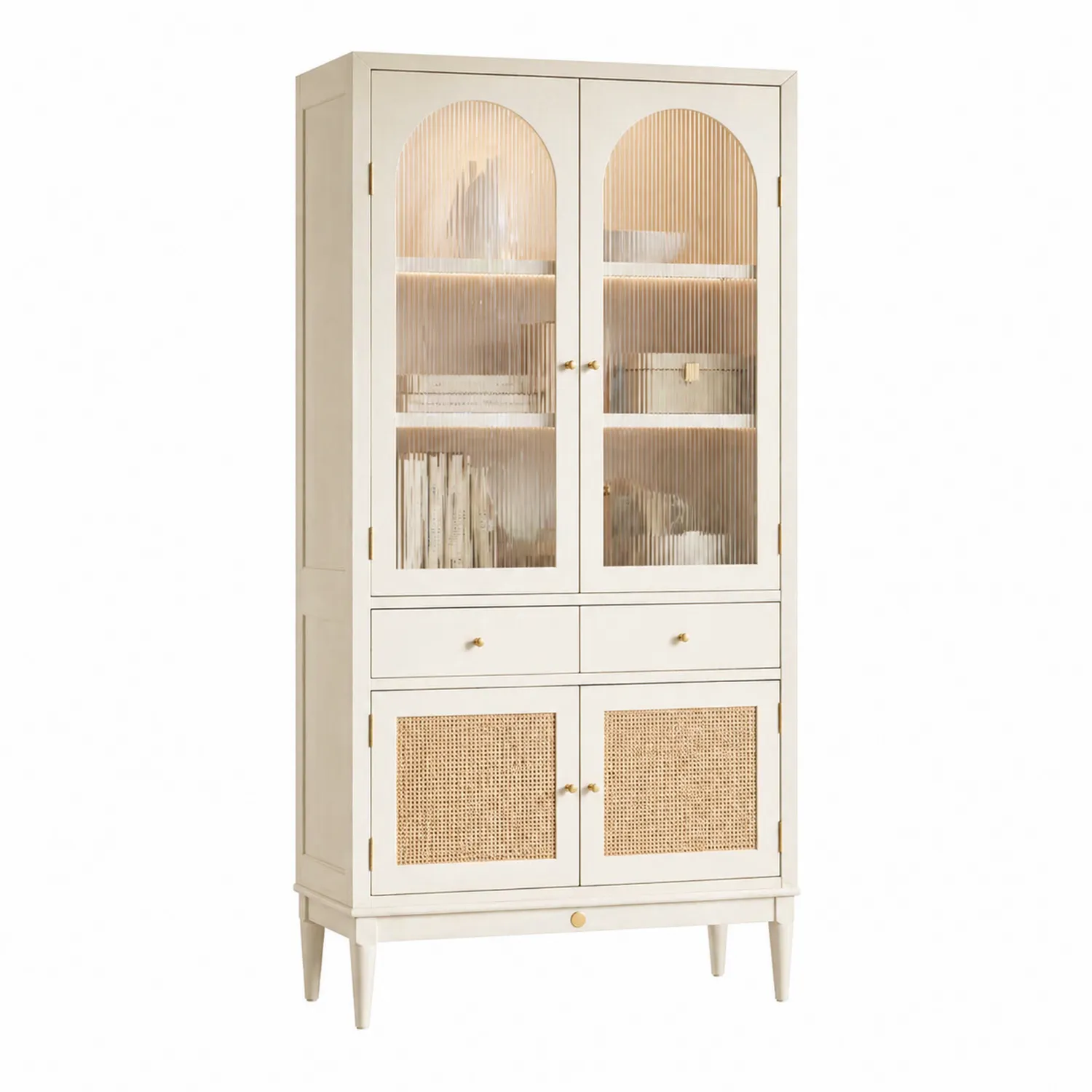 Aufbewahrungsschrank Holz mit geriffeltem Glas und Rattandetails Weiß
