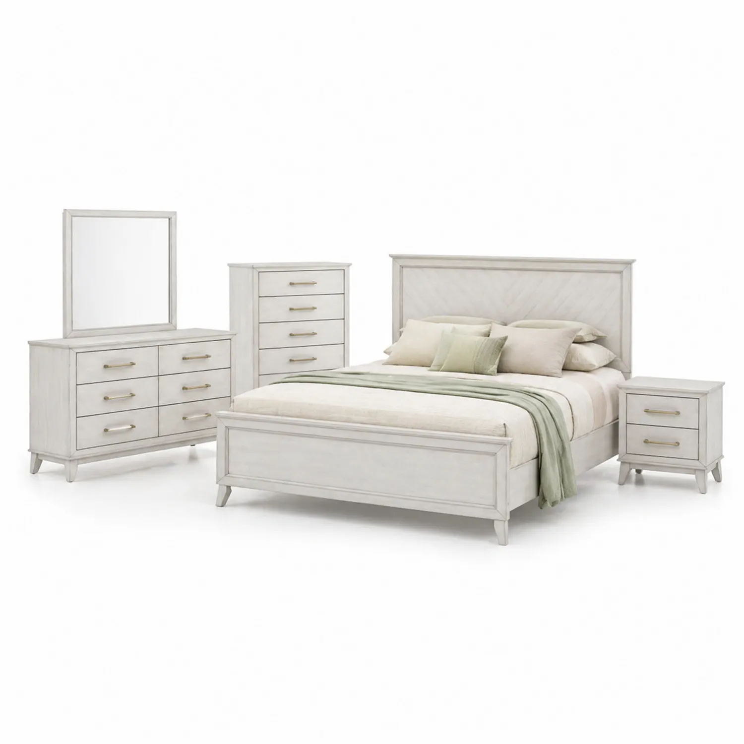 Holz Schlafzimmer-Set mit Bett, Kommode, Spiegel und Nachttischen in Weiß