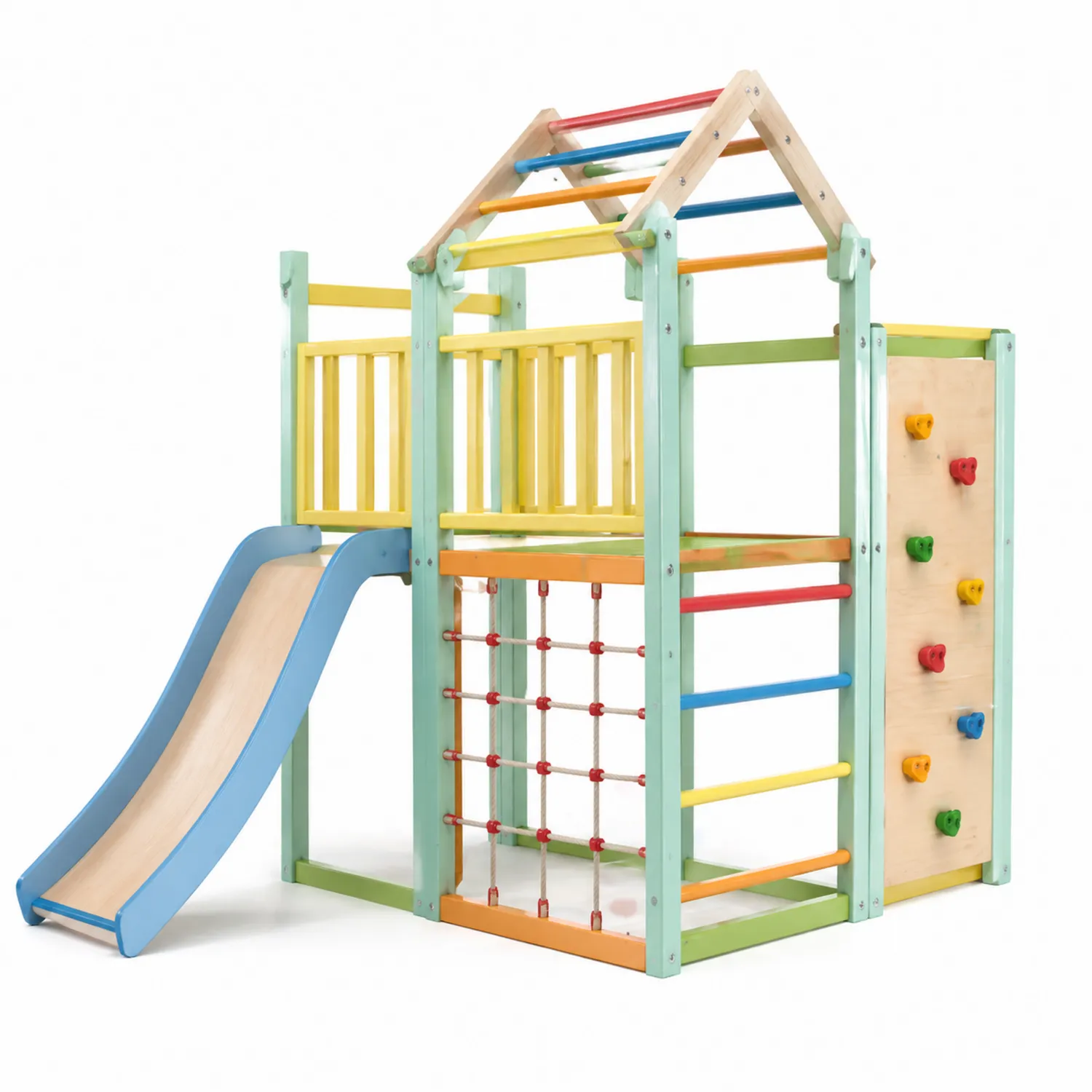 Kinder Kletterturm aus Kiefernholz mit Rutsche, Kletternetz und Kletterwand in Bunter Farbe