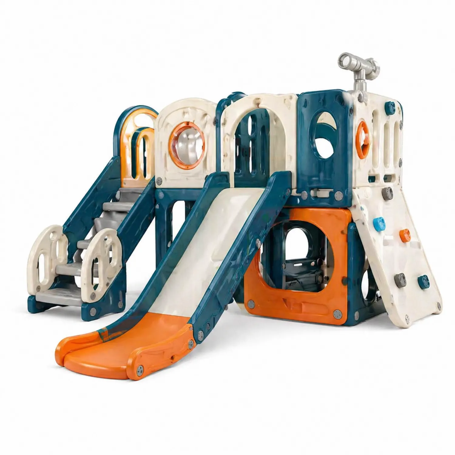Kunststoff-Kletterspielzeug mit Rutschen in Blau/Weiß/Orange
