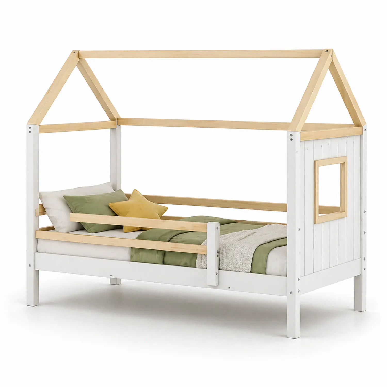 Kinderbett Hausform Kiefernholz Weiß/Natur 208x98x150 cm