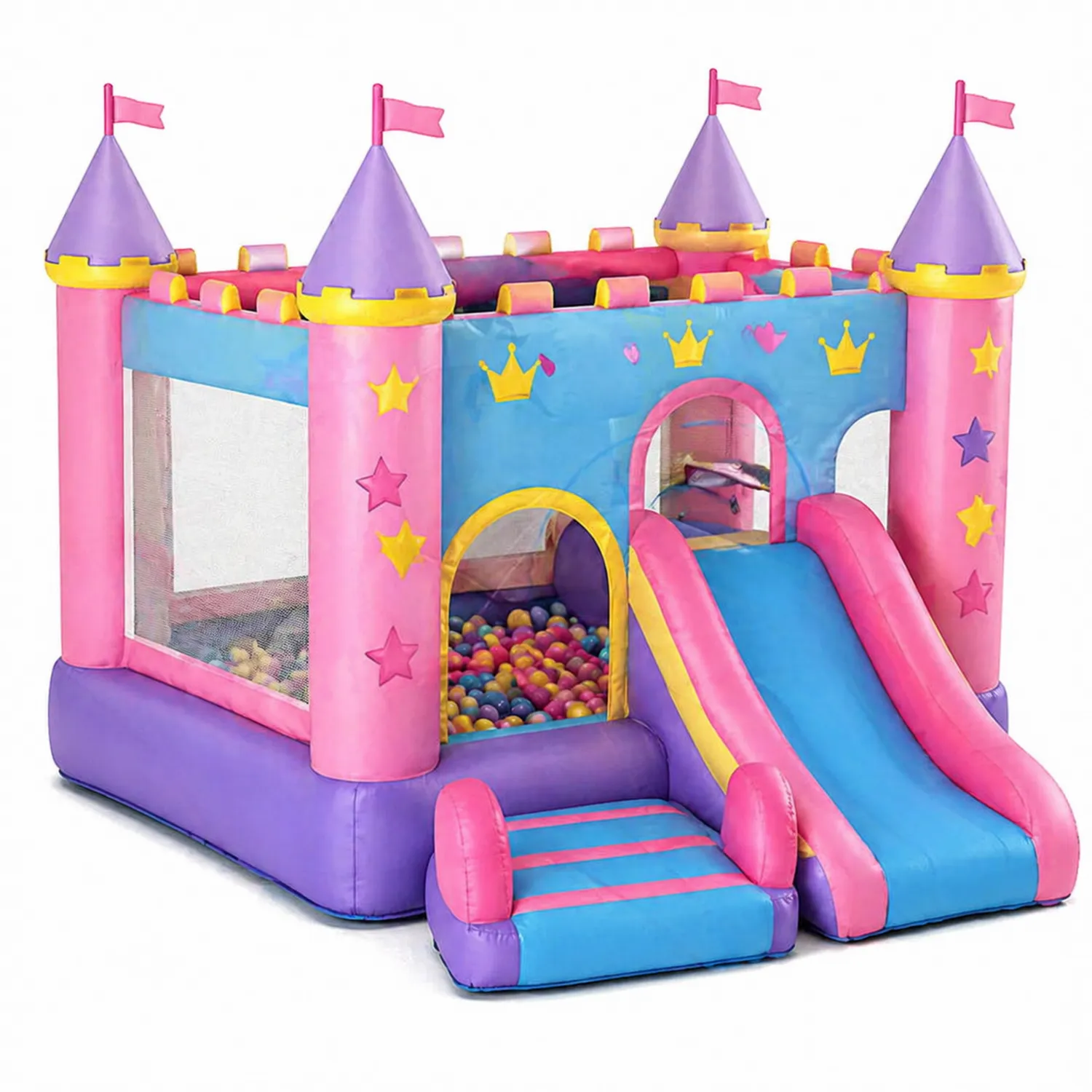 Aufblasbare PVC-Hüpfburg Prinzessin Schloss mit Rutsche, Pink/Blau/Lila