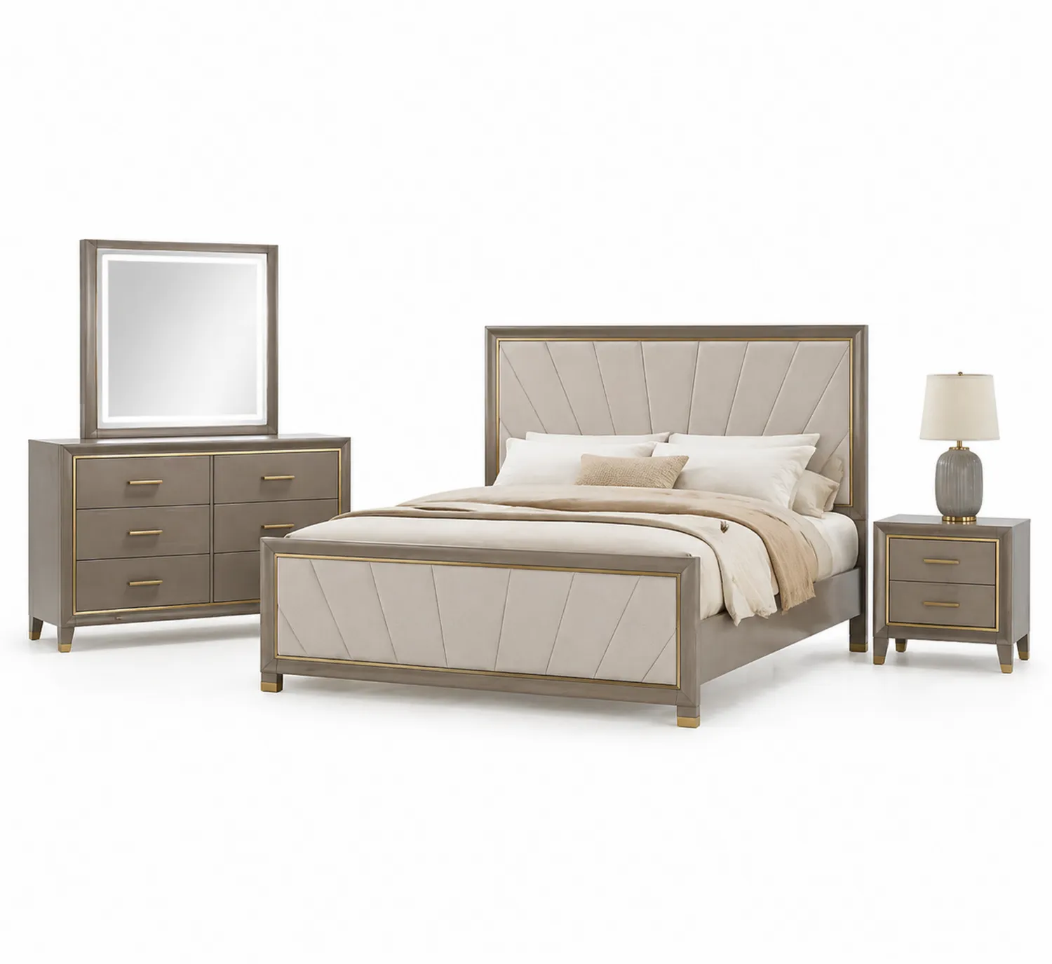Schlafzimmer-Set mit Holz- und Stoffbett, Nachttisch und Kommode, Beige