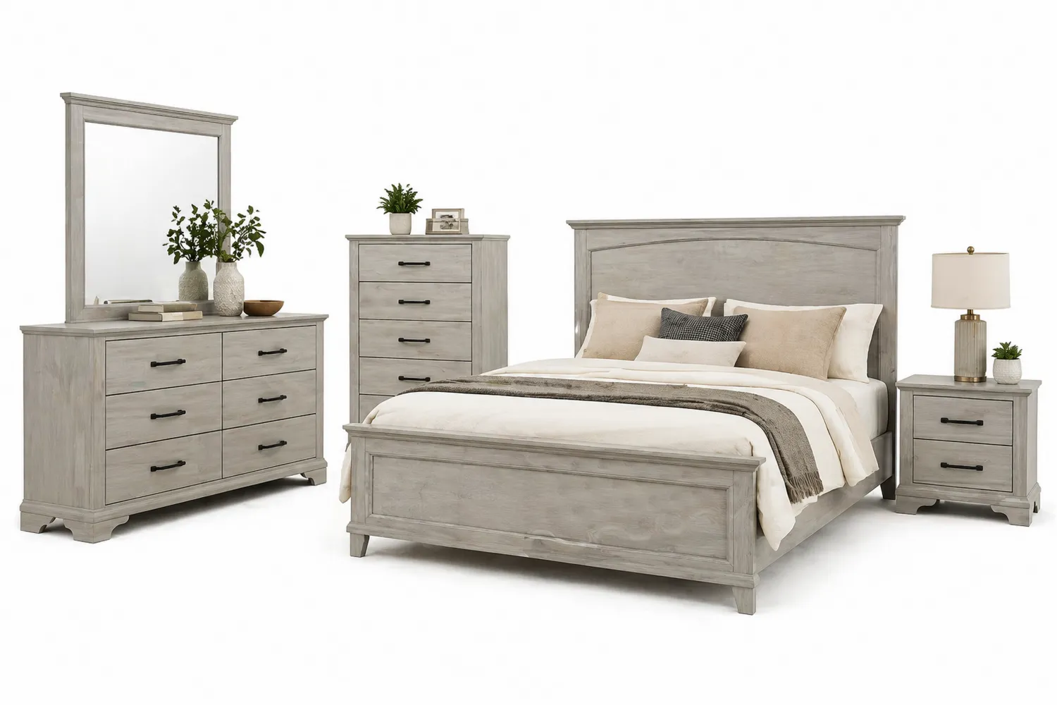 Schlafzimmer-Set aus Holz mit Bett 160x200cm, Nachttisch, Kommode und Spiegel in Grau