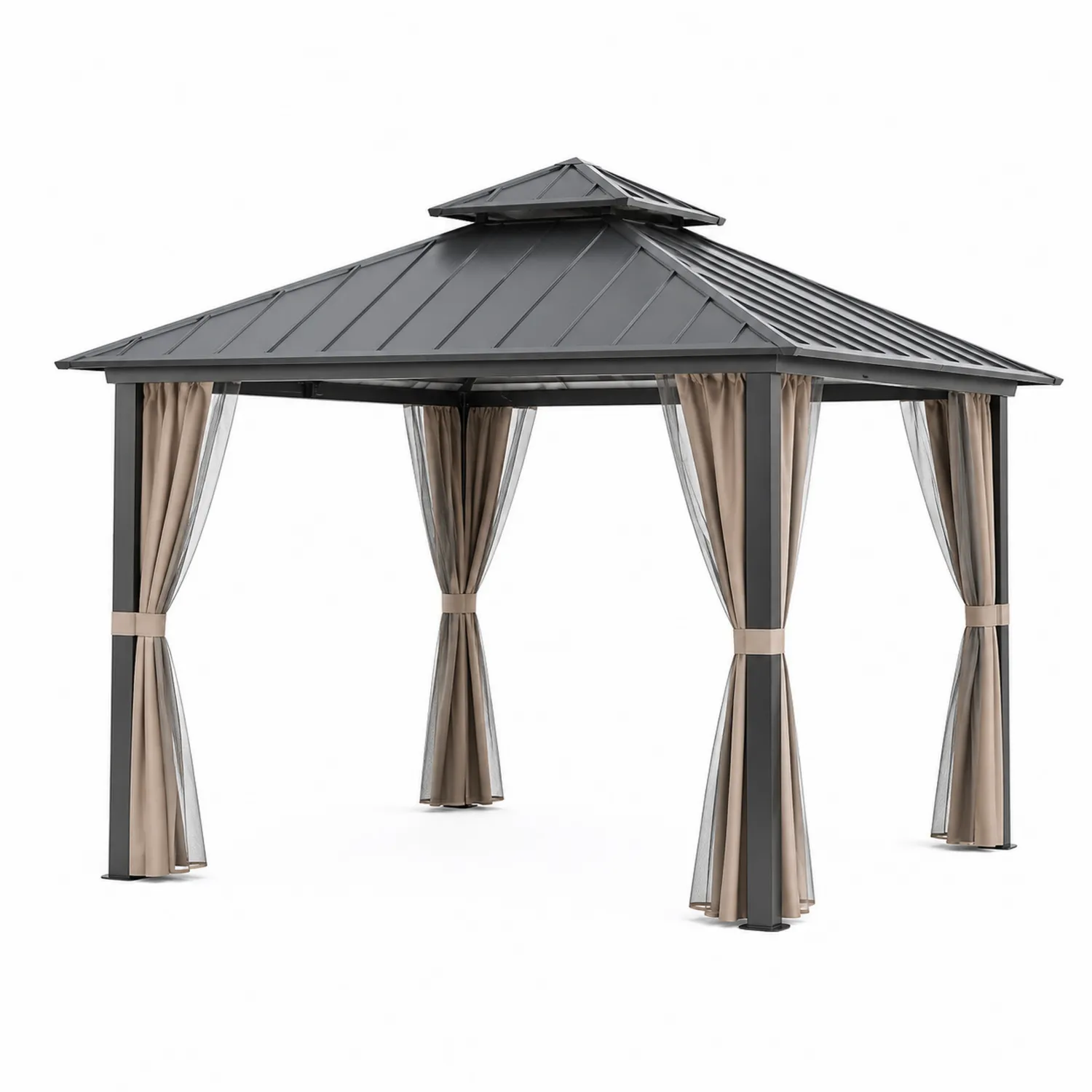 Pavillon Metall 3x3m Stahl Dunkelgrau mit Vorhängen