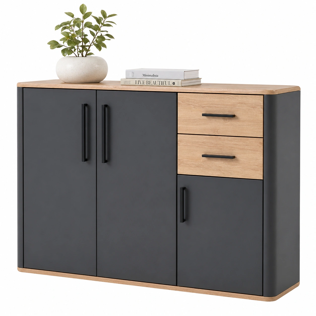 Moderne Kommode mit Schubladen und Tueren Holzoptik Anthrazit 120 cm-Supportfurni