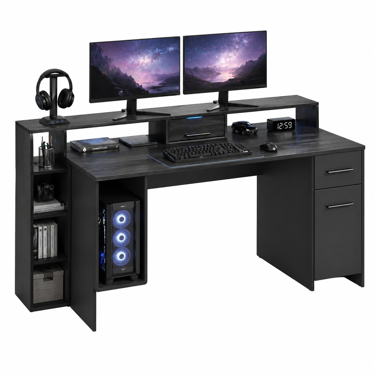 Moderner Schreibtisch mit Aufsatz Stauraum Computertisch Grau Holzoptik ca 182 x 70 x 92 cm-Supportfurni
