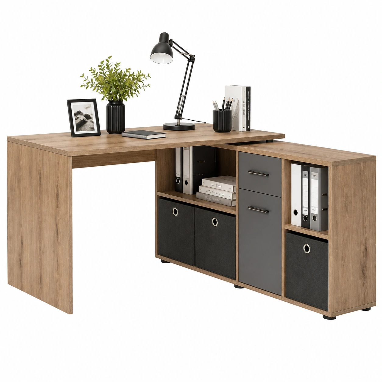 Moderner Schreibtisch in Eiche-Optik mit integriertem Stauraum und Regalmodul 136x66,5 cm-Supportfurni