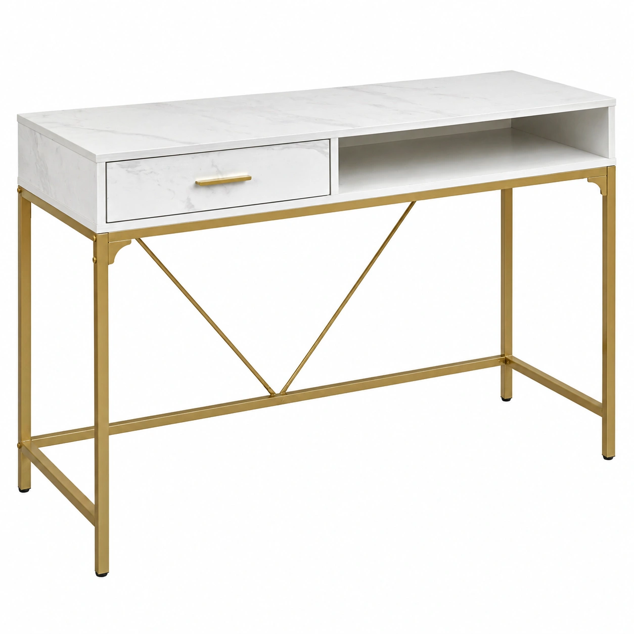 Schreibtisch Modern Marmoroptik Weißs mit Gold Metallgestell 110 cm-Supportfurni