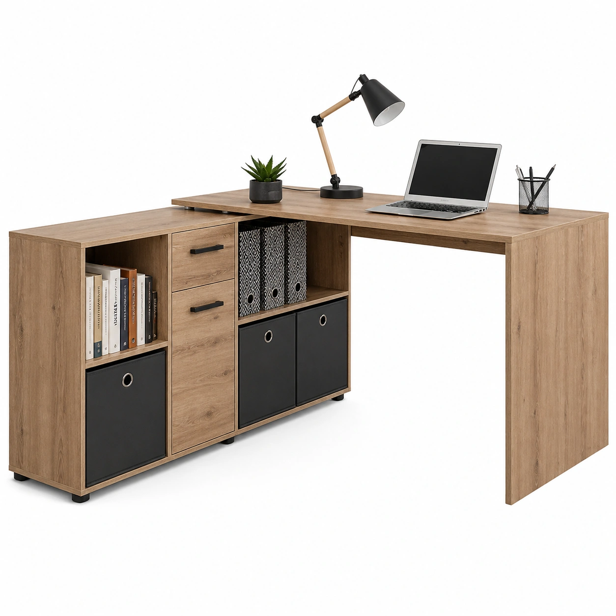 Moderner Eckschreibtisch Weißs Holzoptik L Form mit Stauraum Regalfach 136x66 cm-Supportfurni