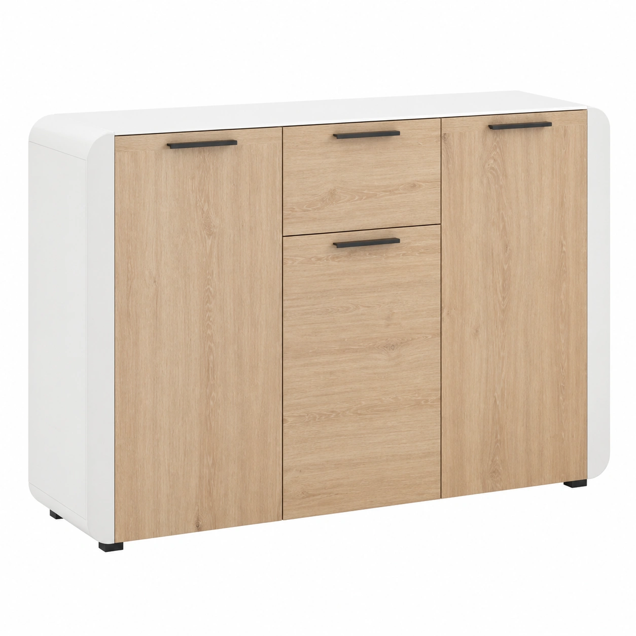 Moderne Kommode mit 3 Tueren und 2 Schubladen in Eiche Optik mit Griffen Metall und klarer Linienfuehrung 126x83x35 cm-Roomcarecenter