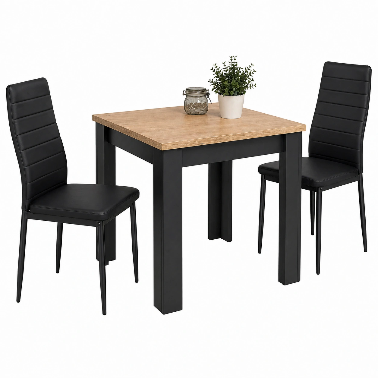 Essgruppe Modern Holzoptik Schwarz Tisch mit 2 Stuehlen 80x80 cm Kompakt-Roomcarecenter