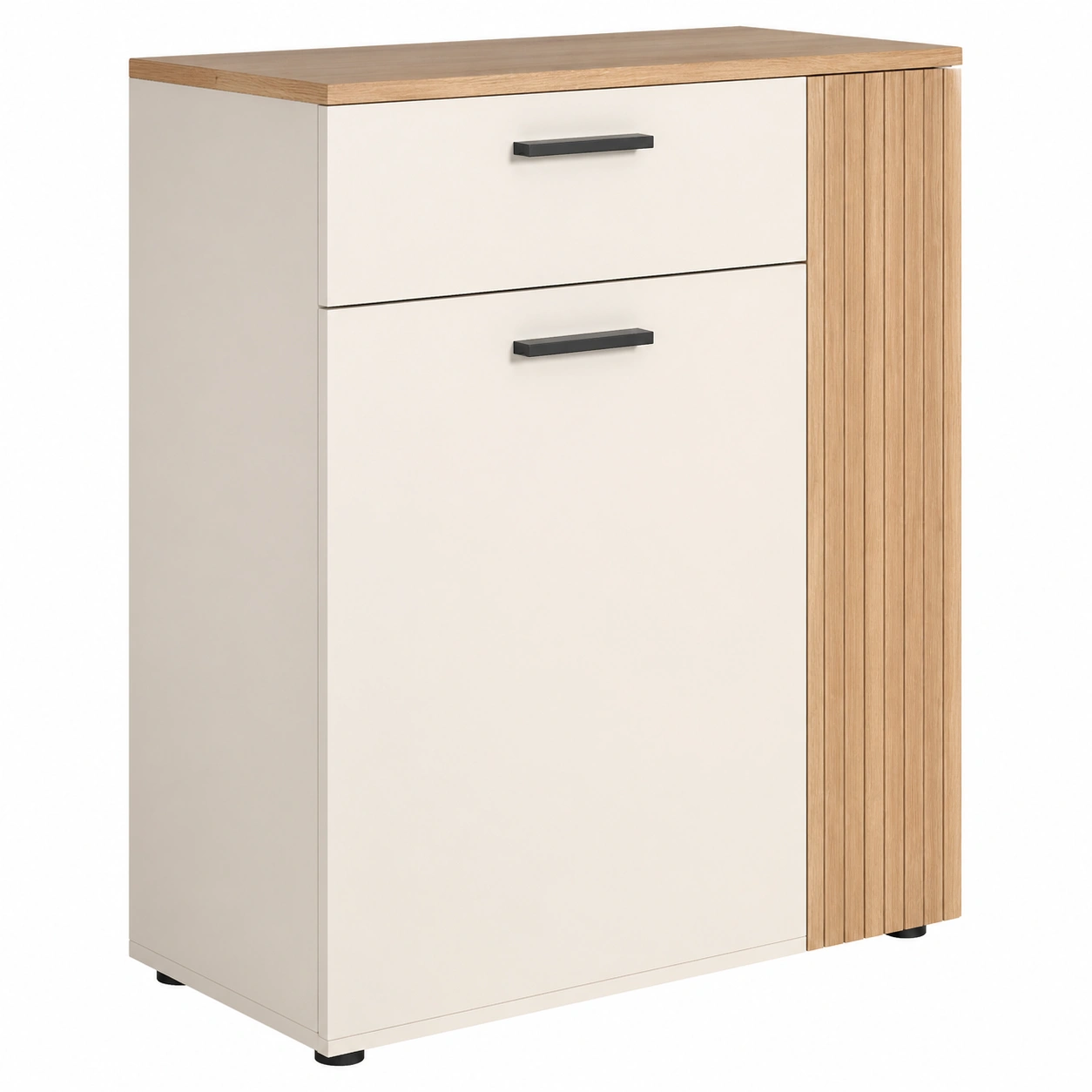 Moderne Kommode in Creme Weiß mit Holzstruktur Front und Schublade-Roomcarecenter