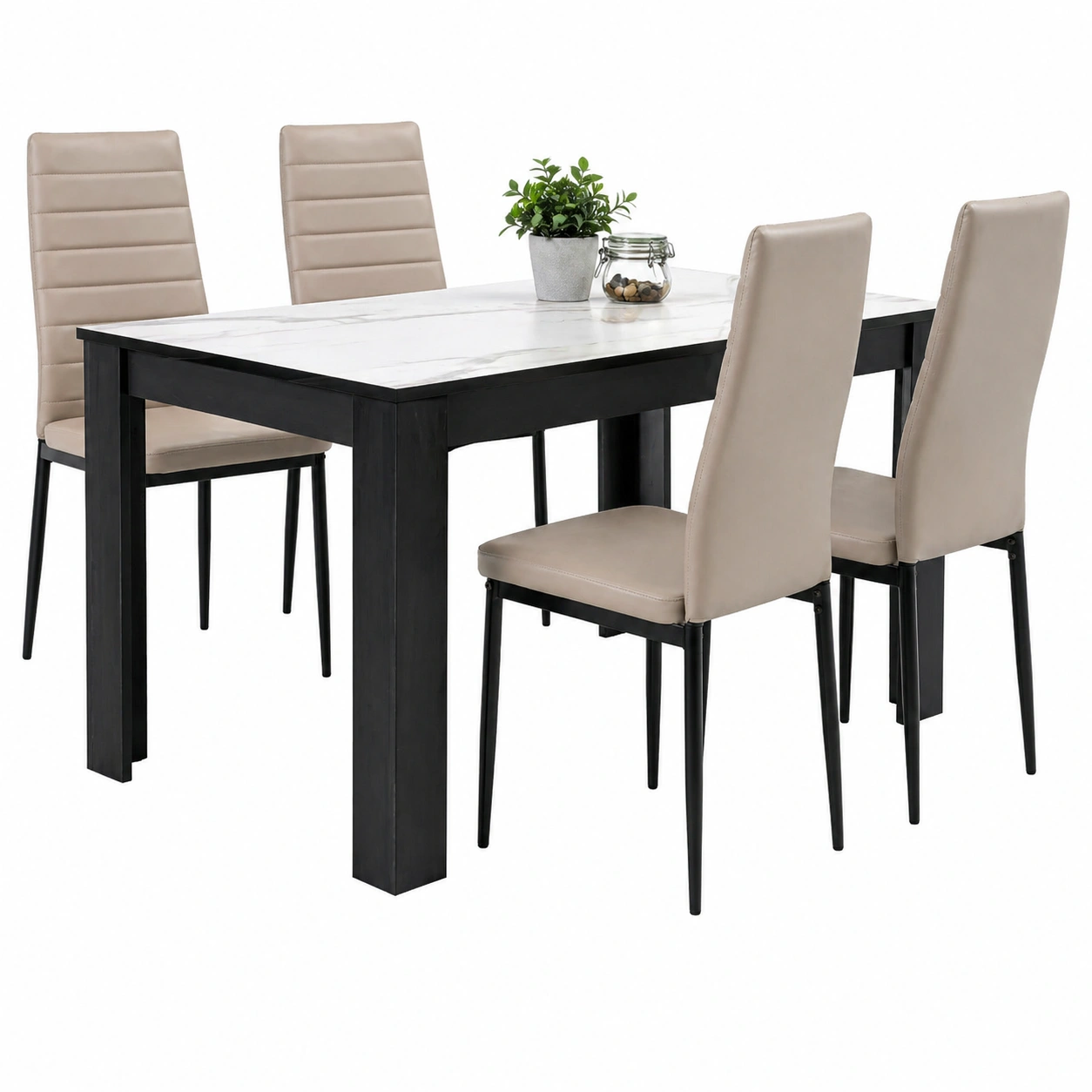 Moderne Tischgruppe in Beige mit Marmor Optik und gepolsterten Stuehlen – 140x80x76 cm-Roomcarecenter