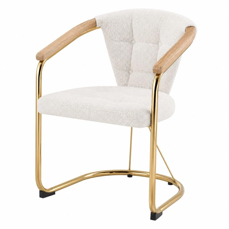 Eleganter Armlehnstuhl Boucle Creme mit Holzarmlehnen und Metallgestell-Roomcarecenter