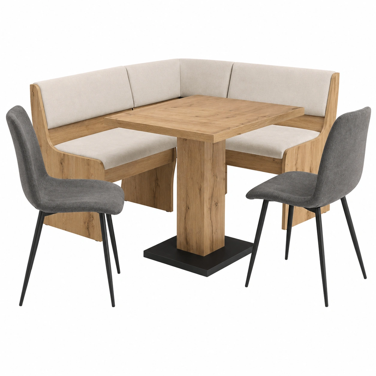 Moderne Eckbankgruppe mit Tisch und 2 Stuehlen, Essgruppe in Eiche Optik mit Polsterbezug und Metallbeinen-Roomcarecenter