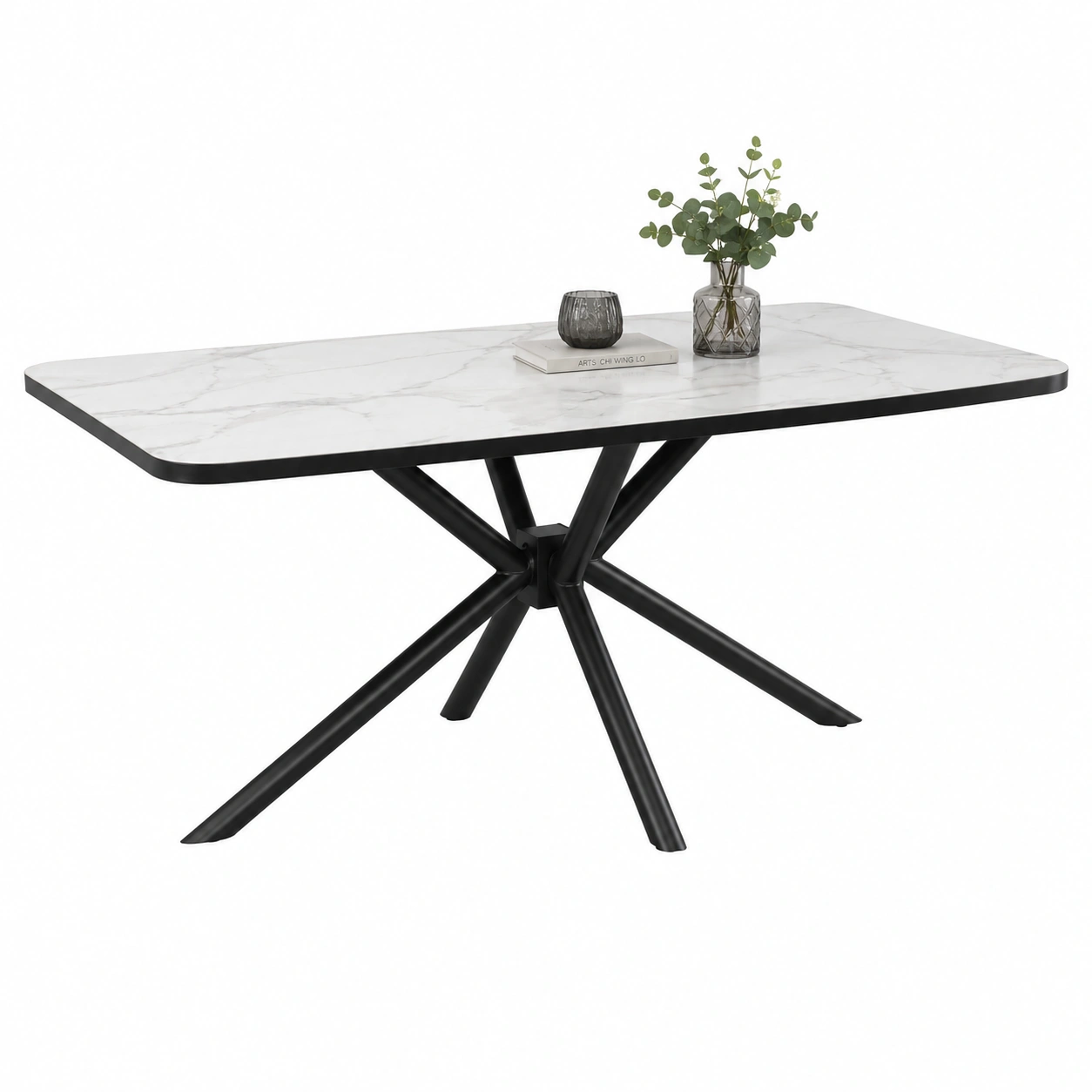 Moderner Esstisch mit Marmoroptik Tischplatte und schwarzem Metallgestell in geometrischem Design-Roomcarecenter