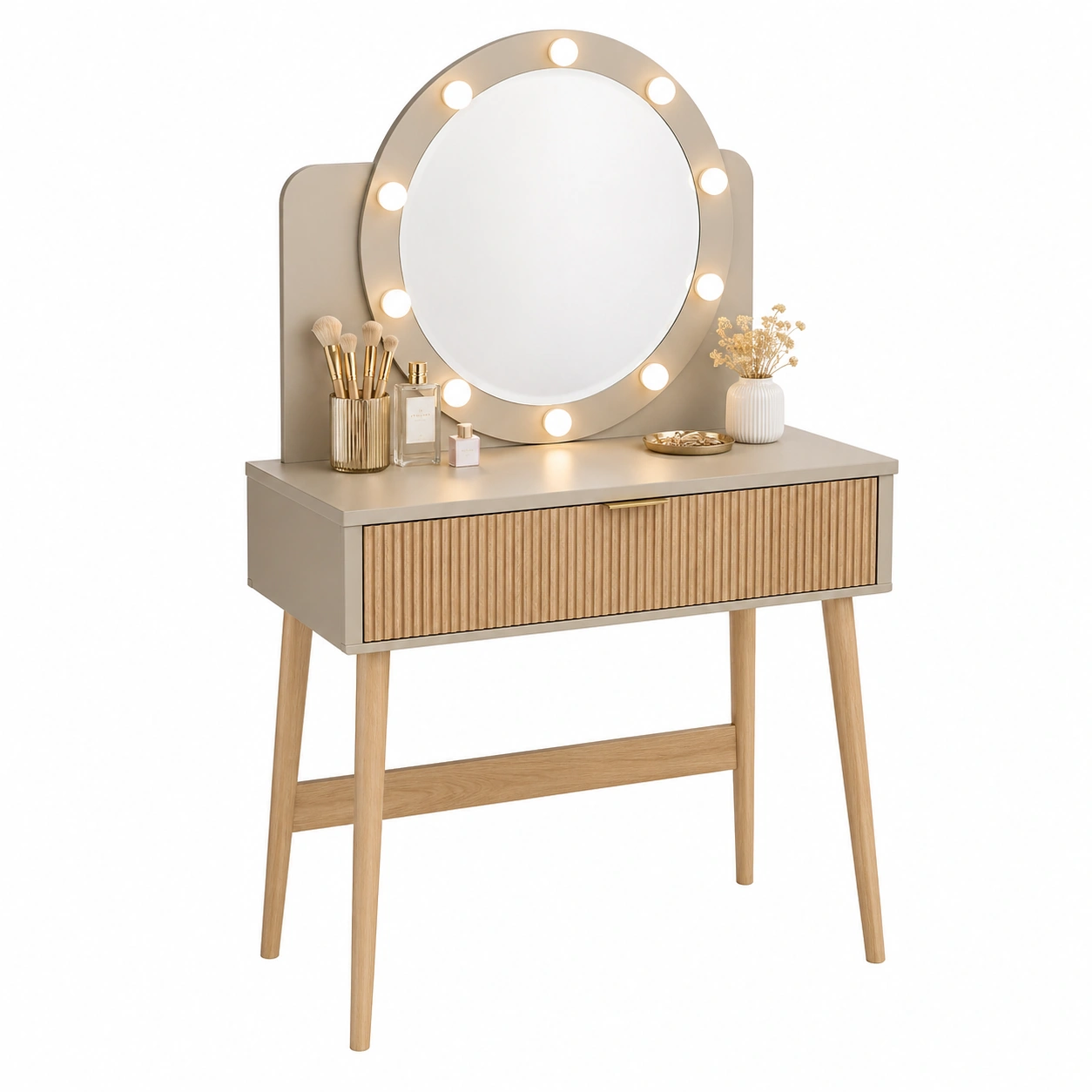 Moderner Schminktisch in Beige Natur mit rundem LED Spiegel und Schublade 80x40x147 cm Frisiertisch Design-cozyhelpcenter
