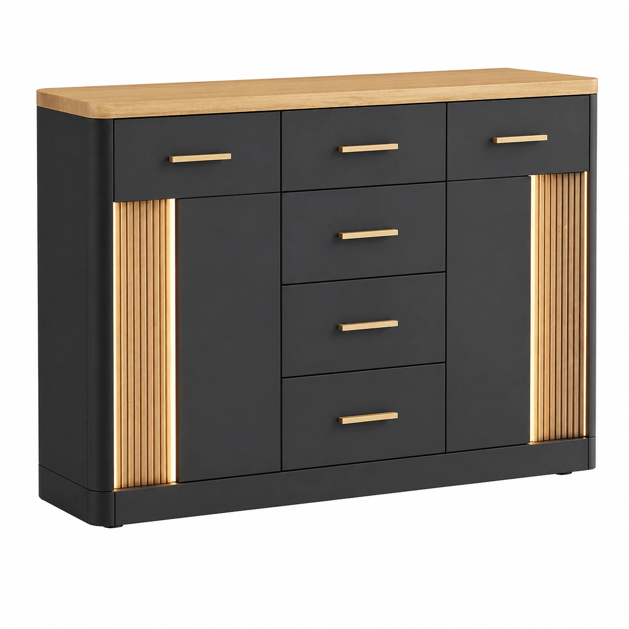 Sideboard Schwarz Matt mit LED Holzleisten und Eiche Top moderne Kommode 6 Schubladen 2 Tueren-cozyhelpcenter