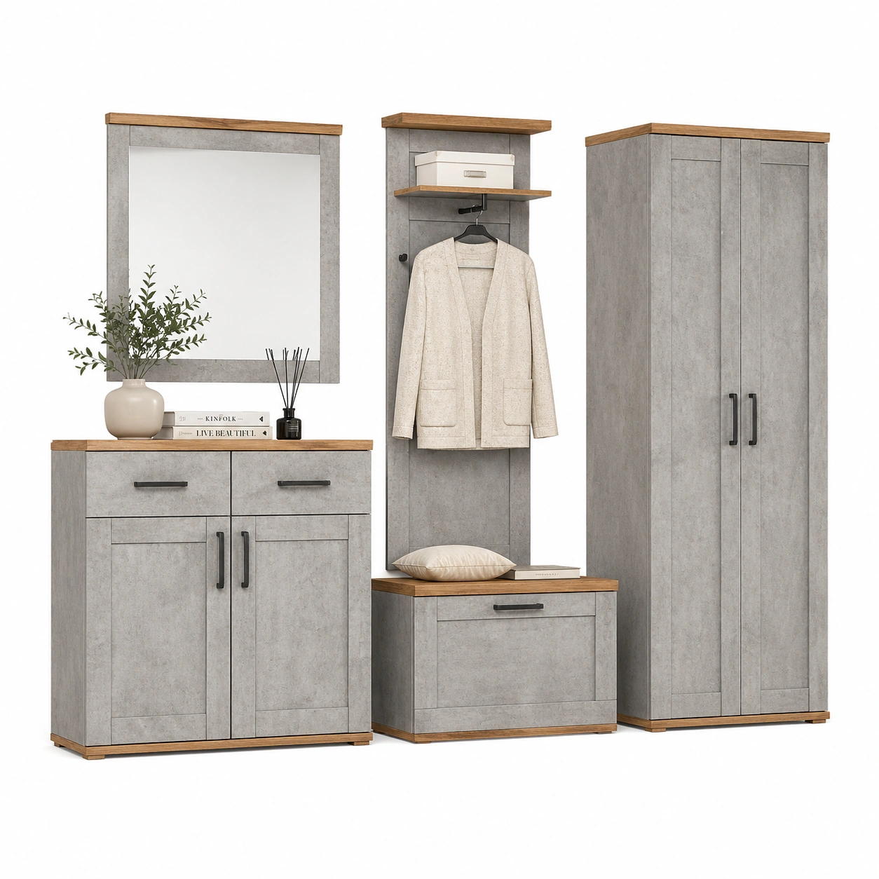 Schuhkommode modern Betonoptik mit Holz Akzenten Flurmoebel 2 Tueren 1 Schublade-cozyhelpcenter