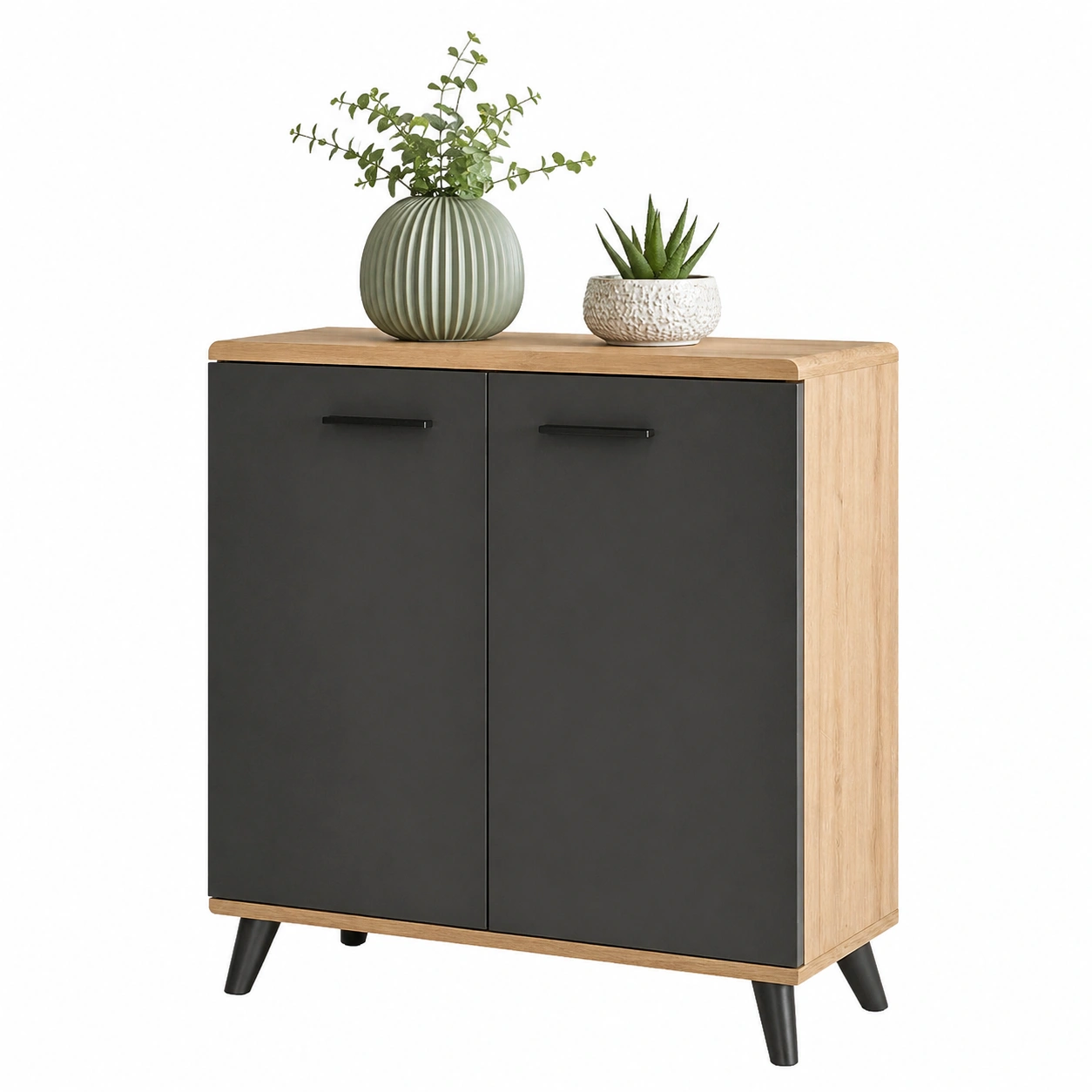 Kommode mit zwei Tueren in Schwarz und Holzoptik modern 60x82x35 cm-cozyhelpcenter