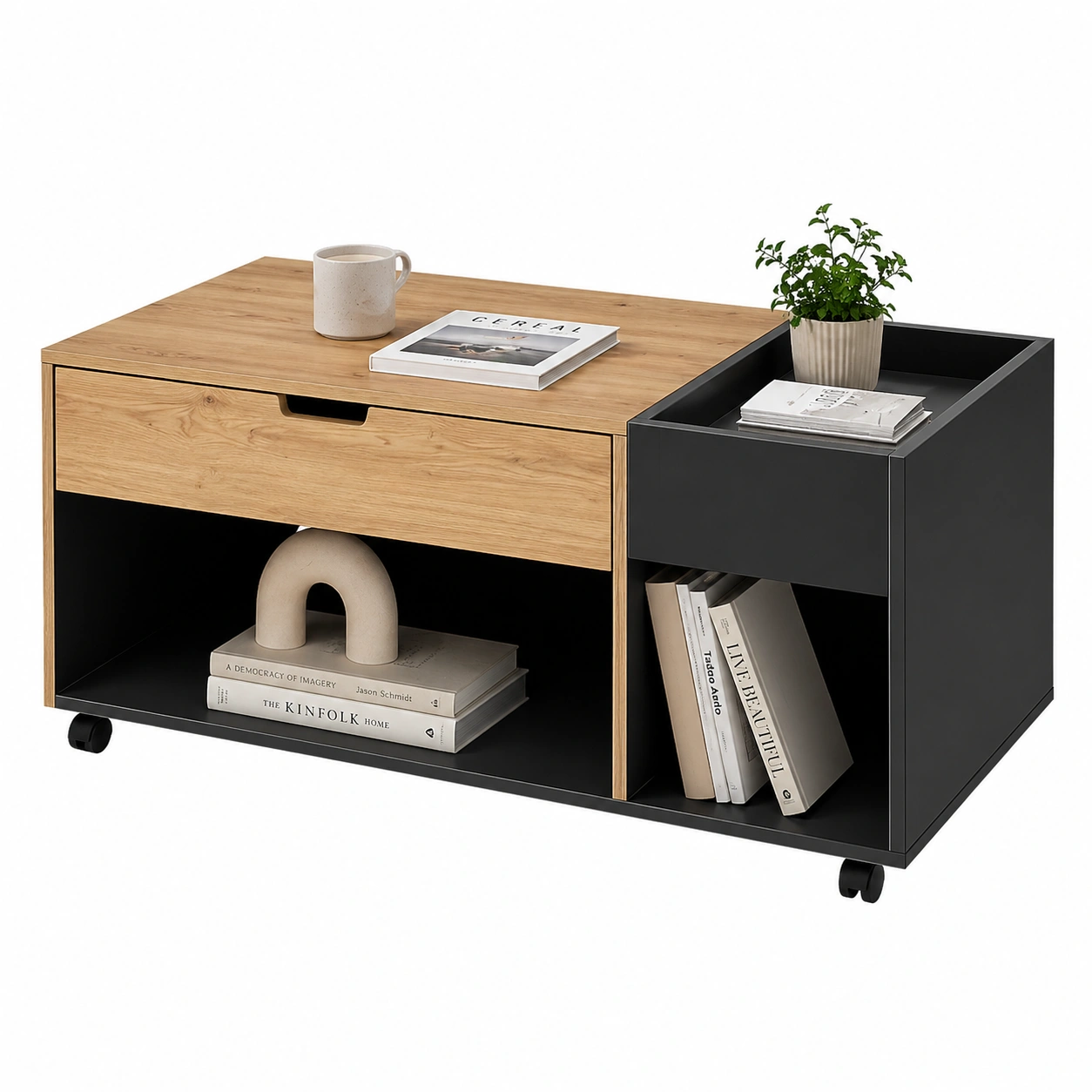 Moderner Couchtisch mit Stauraum in Schwarz-Eiche Optik, 110x60x44 cm-cozyhelpcenter