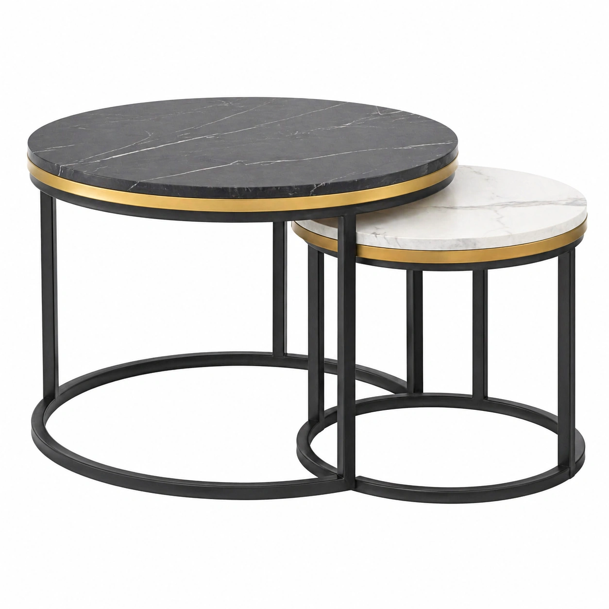 Moderner 2er Couchtisch Set Rund Schwarz Metall Marmor Optik-cozyhelpcenter