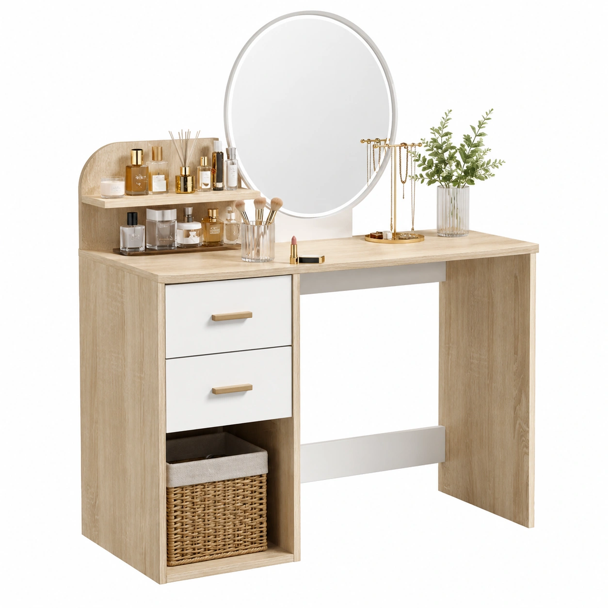 Moderner Schminktisch mit Spiegel und Stauraum, Holzoptik Natur Weiß, Frisiertisch mit Schubladen und Ablage-cozyhelpcenter
