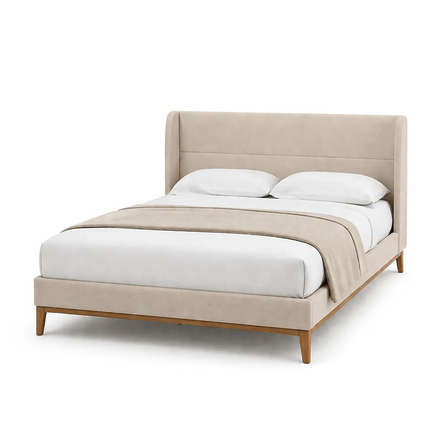 Doppelbett aus Holz und Samt 200x180 cm Beige