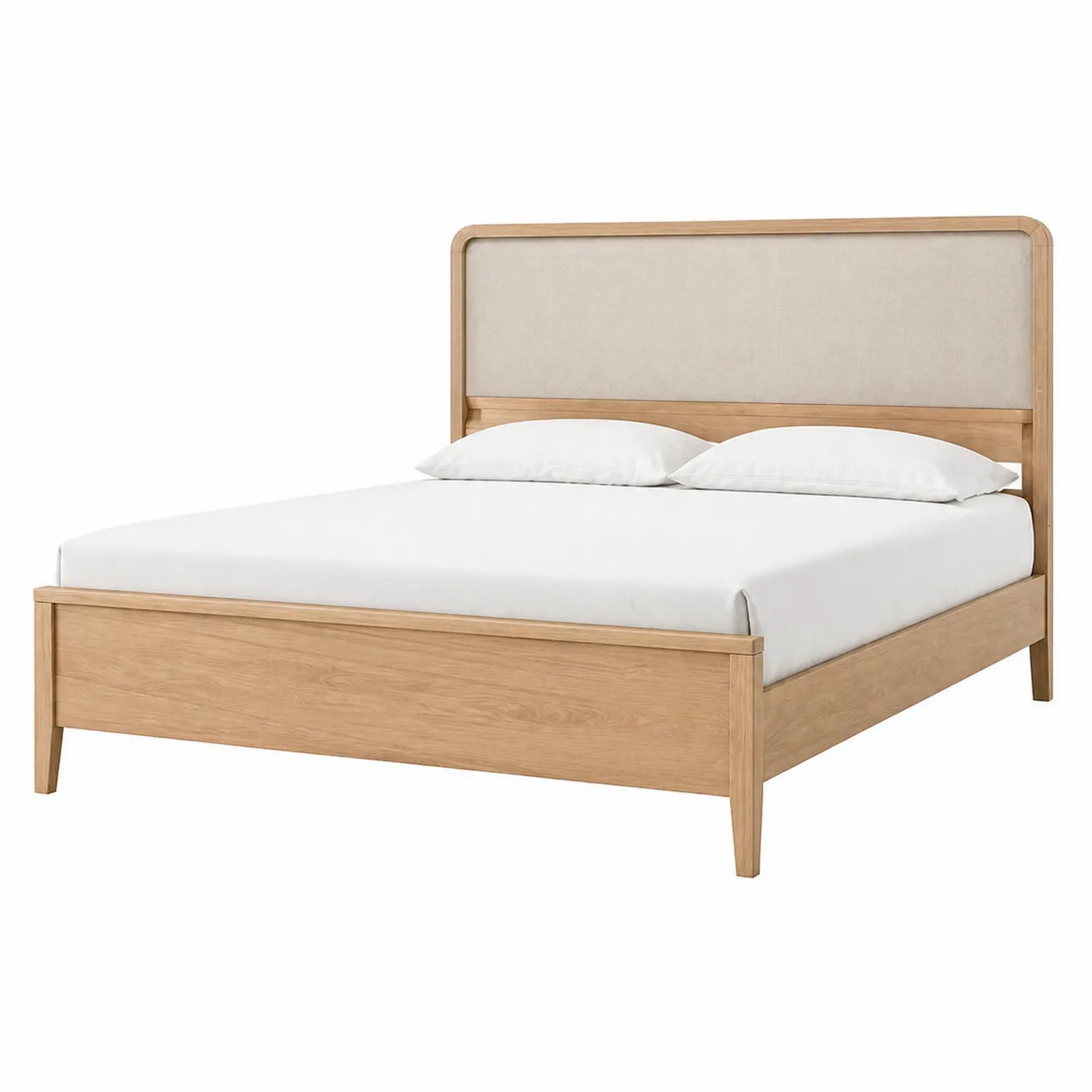 Doppelbett aus Eichenholz mit Leinenpolsterkopfteil 200x180 cm Beige