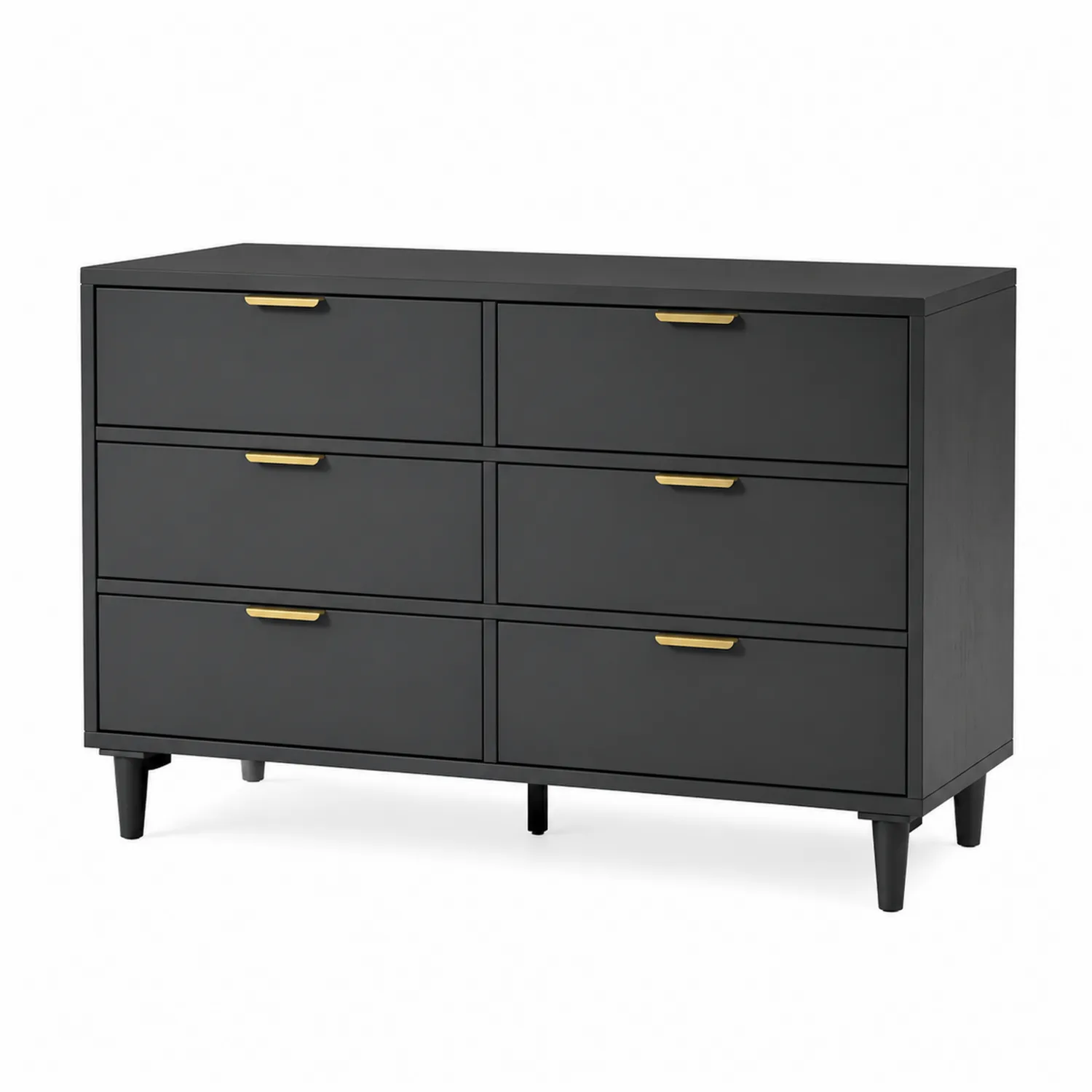 Schwarze Kommode aus MDF mit 6 Schubladen und goldfarbenen Griffen