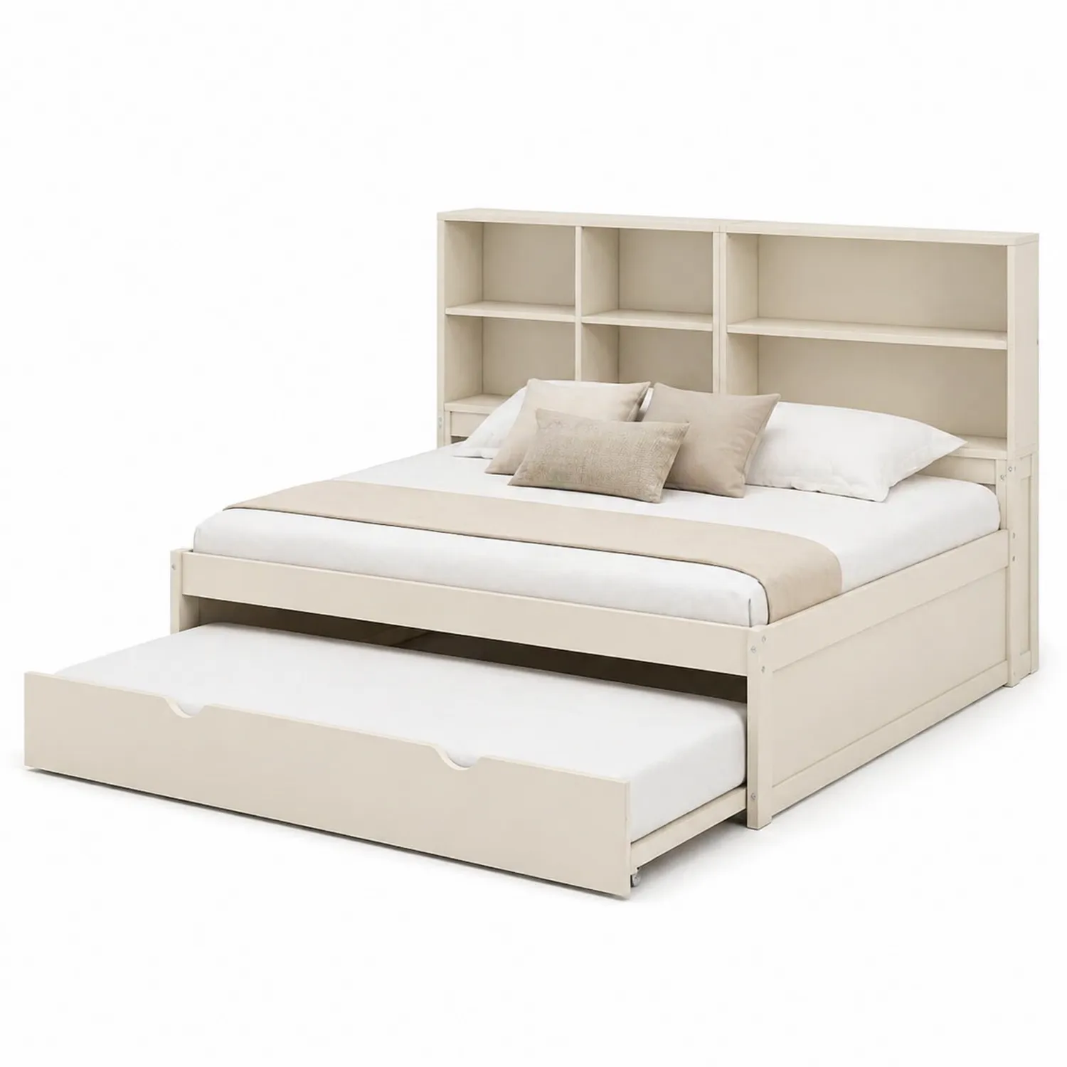 Massivholzbett mit Regal-Kopfteil und Ausziehbarem Bett 200x160 cm Beige