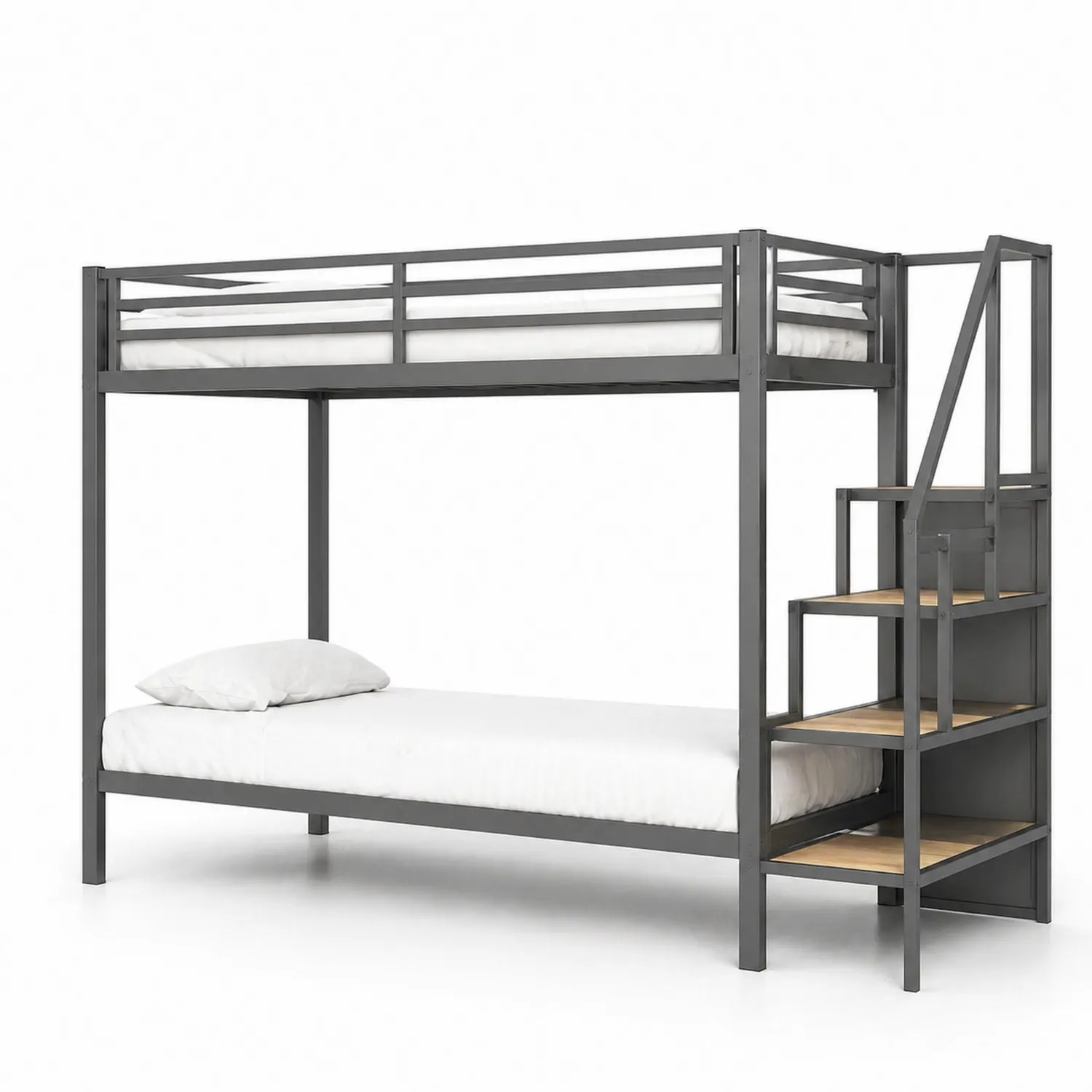 Metall Etagenbett mit Treppe und Holzstufen Grau