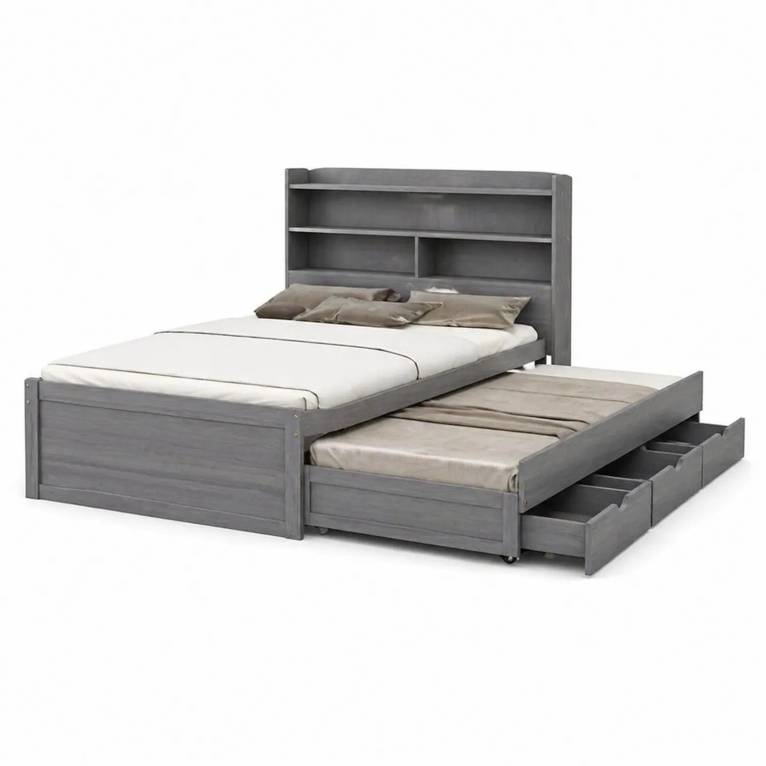 Ausziehbares Bett aus Holz mit Regal und Schubladen 200x160 cm Grau