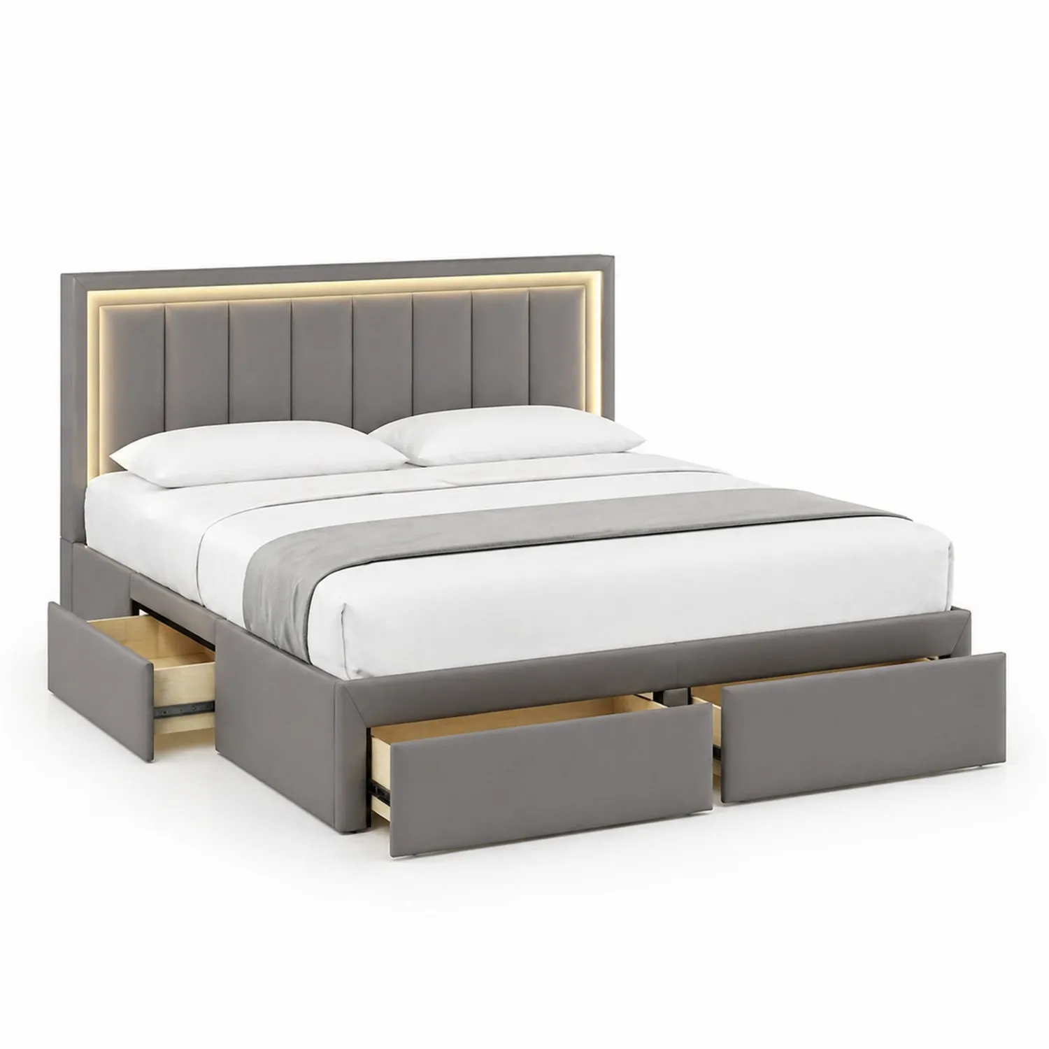 Bett mit Stauraum und LED, Kunstleder, 200x180 cm, Grau