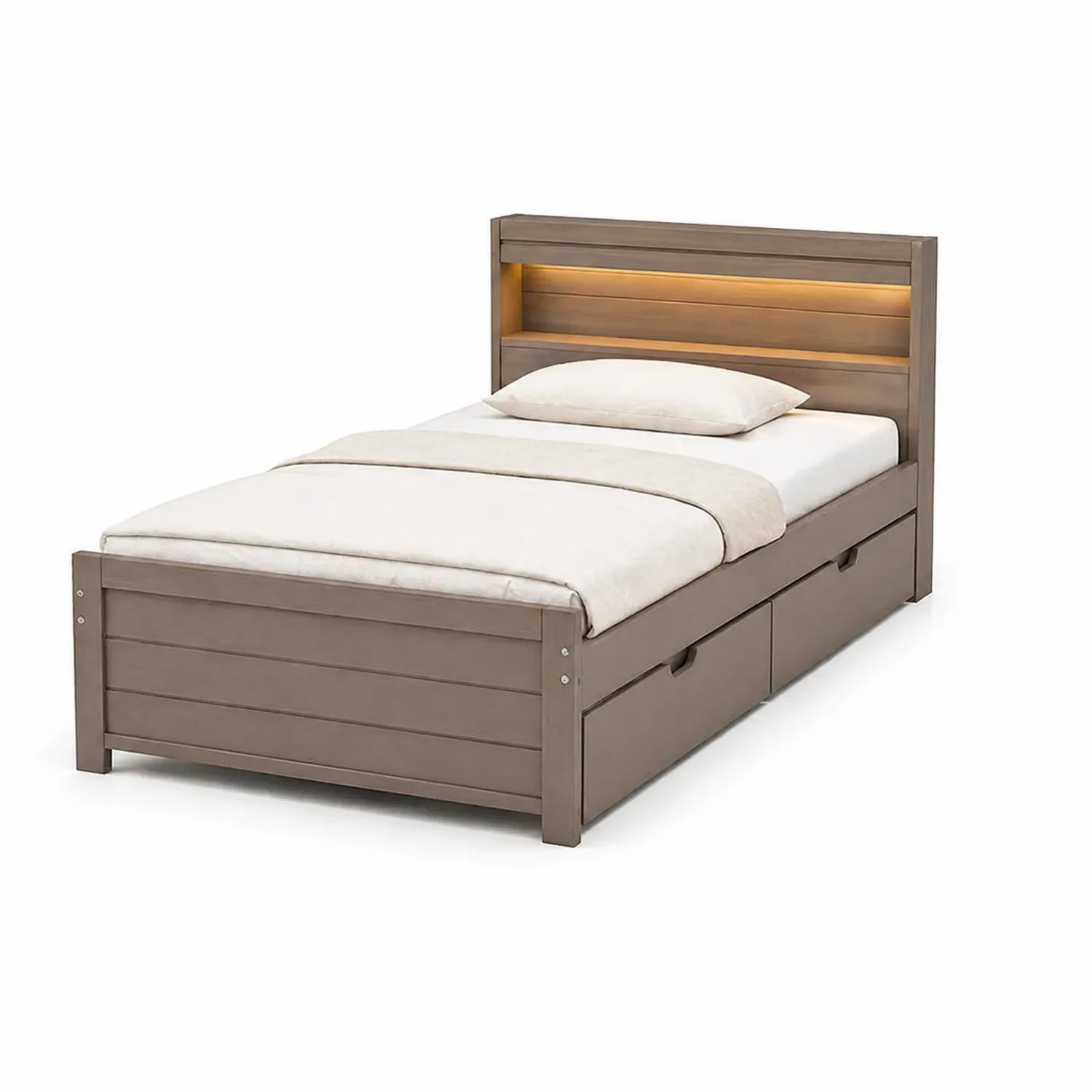 Einzelbett mit Stauraum und LED-Beleuchtung Holz Braun