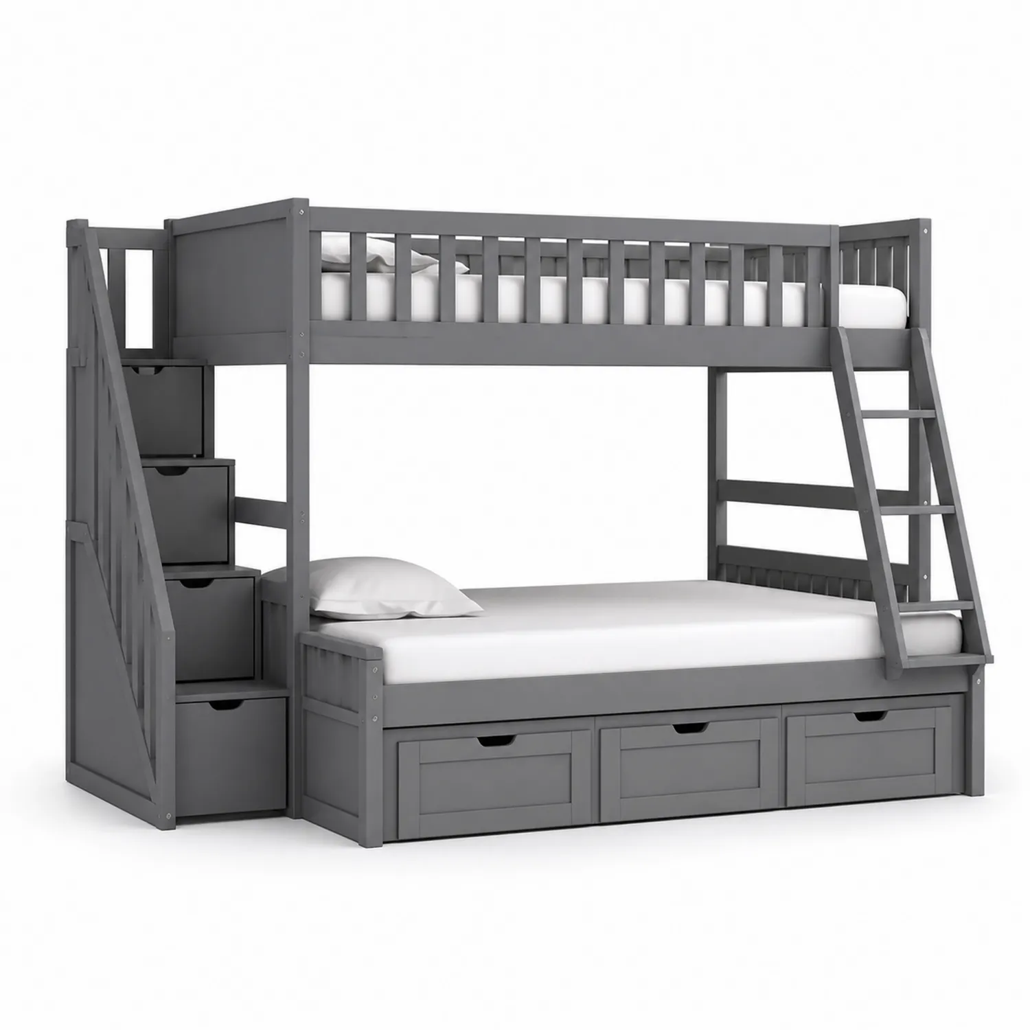 Etagenbett aus Kiefernholz mit Treppe und Schubladen Grau