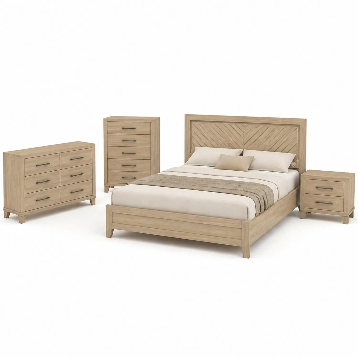 Schlafzimmer-Set aus Holz mit Bett, Kommode, Schubladenschrank und Nachttisch in Hellbraun-Lumverohome