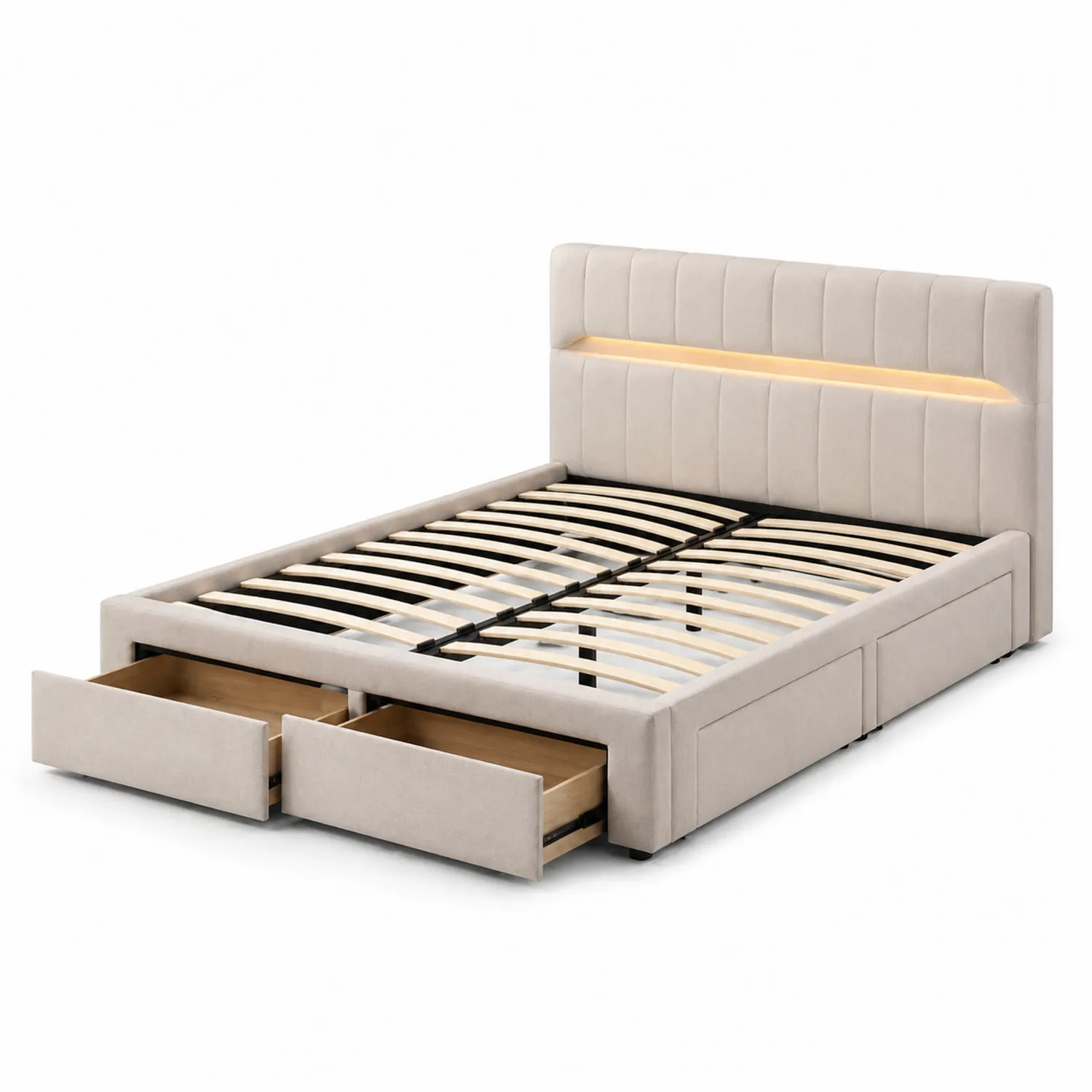Bett mit Schubladen und LED, Stoffbezug, 200x180 cm, Beige-Lumverohome