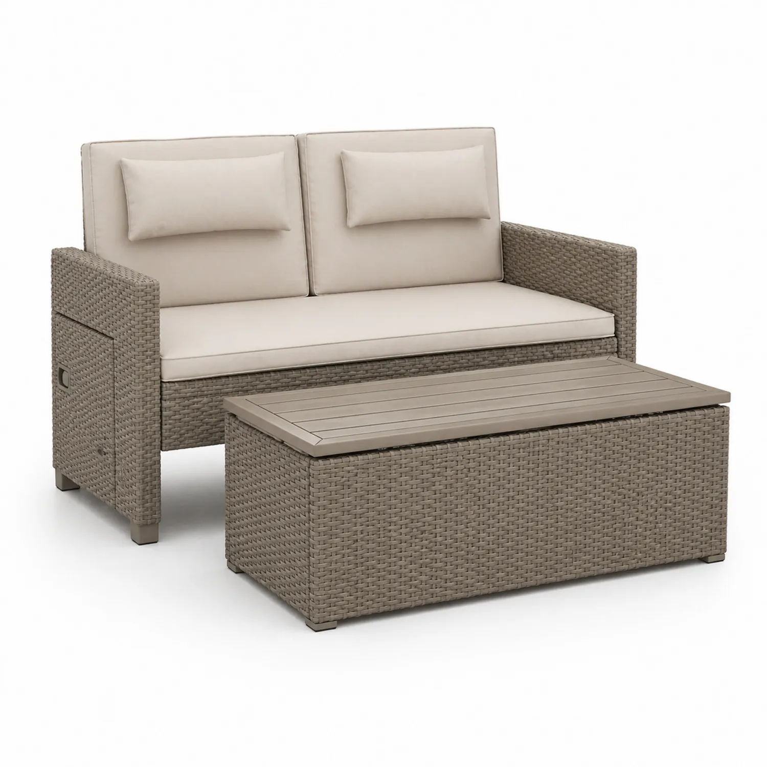 Polyrattan Loungeset mit Sofa und Tisch, Beige/Braun-Lumverohome