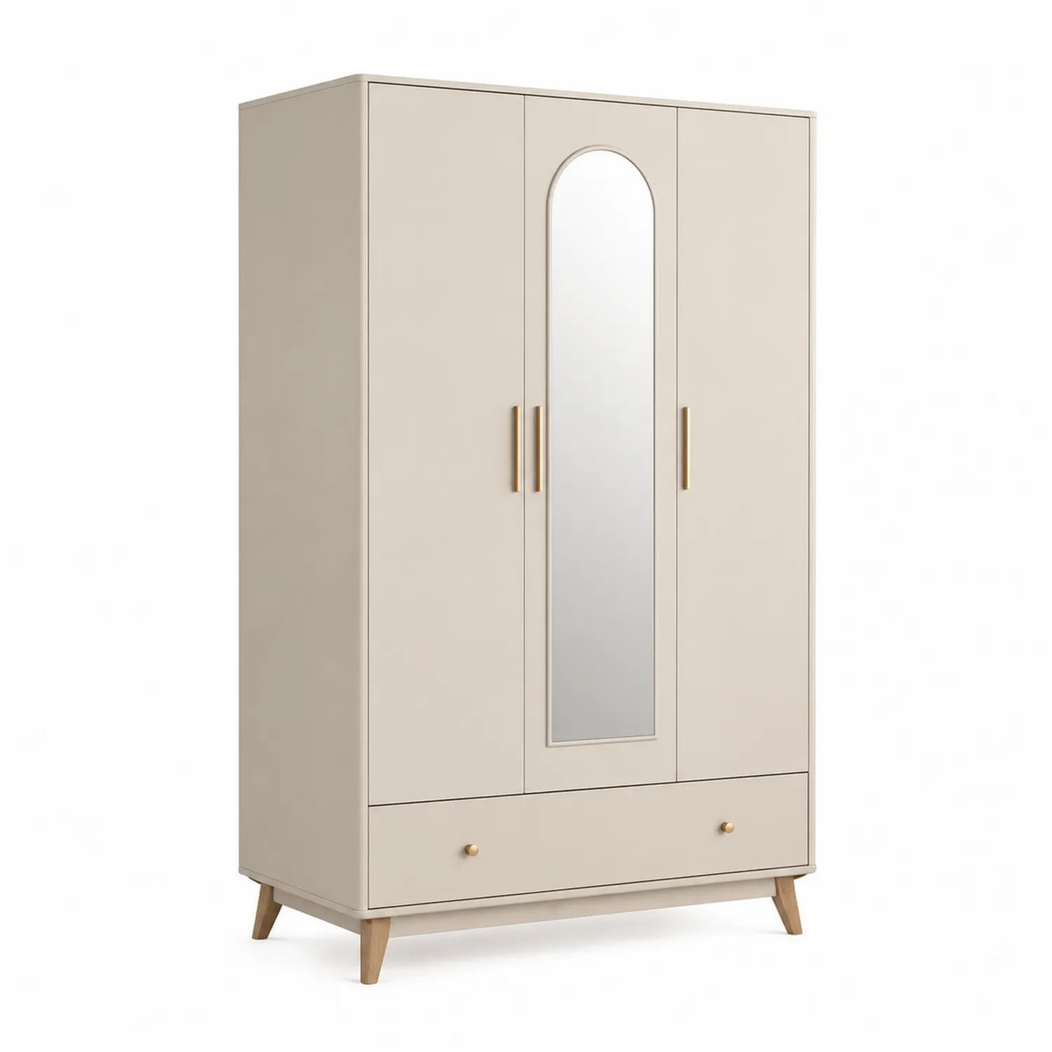 Kleiderschrank mit Spiegel aus MDF, Metallgriffe, Beige-Lumverohome
