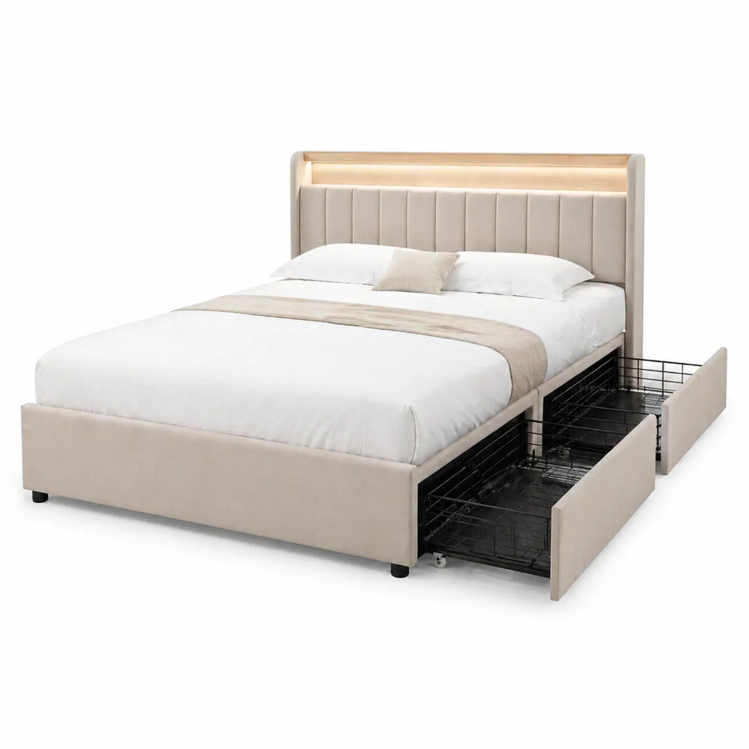 Stoffbett mit Stauraum und LED-Beleuchtung Beige 200x160 cm-Lumverohome