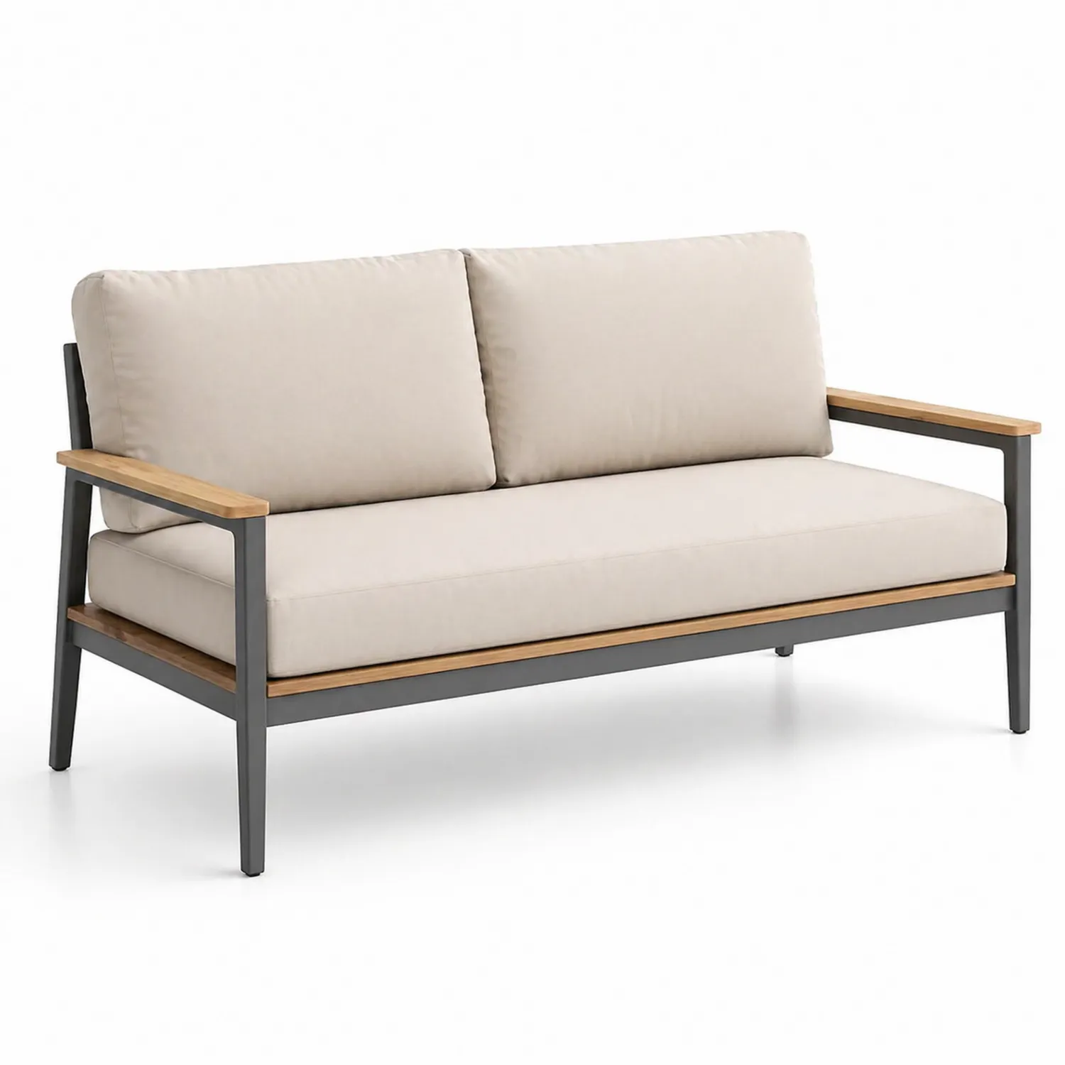 2-Sitzer Gartensofa mit Aluminiumrahmen und Holzarmlehnen, Beige-Lumverohome
