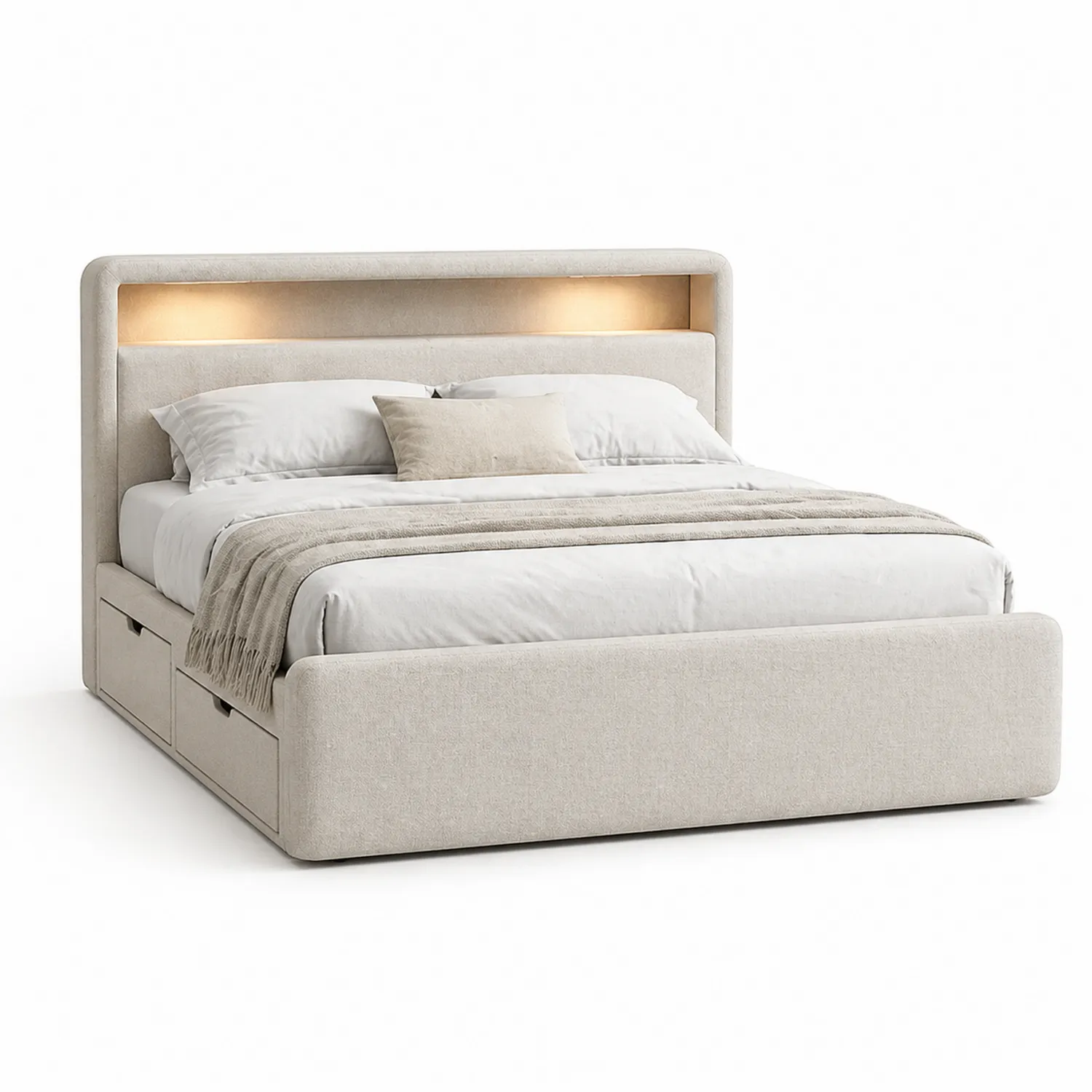 Beiges Polsterbett mit Stauraum und LED-Beleuchtung 200x160 cm-Lumverohome