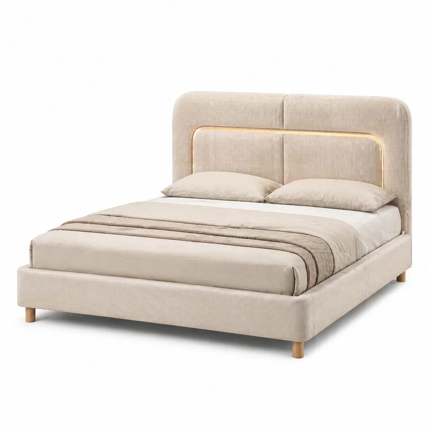Doppelbett aus Chenille in Beige mit beleuchtetem Kopfteil-Lumverohome