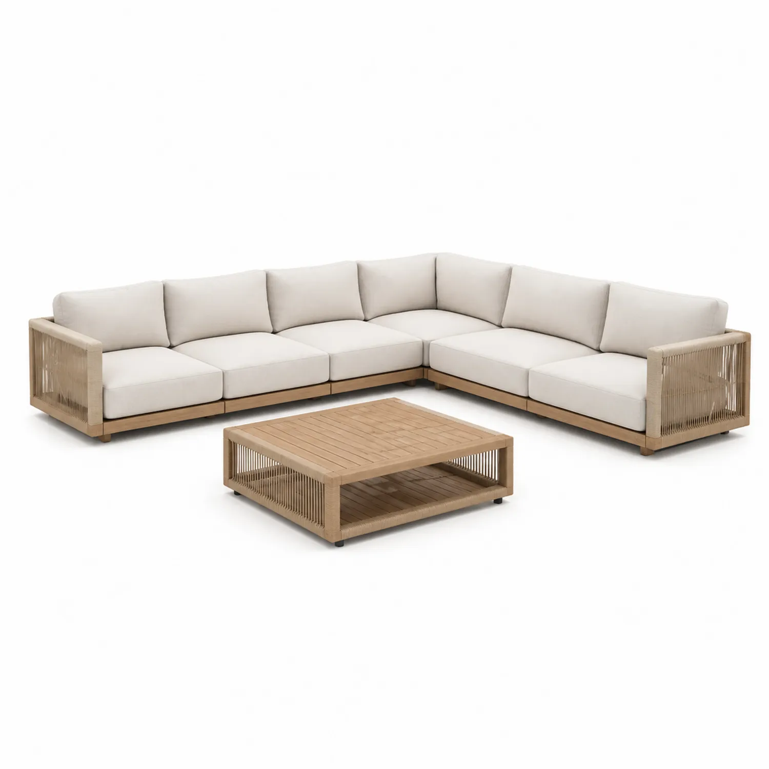 Holz Ecksofa-Set mit Tisch und Kissen Beige-Lumverohome