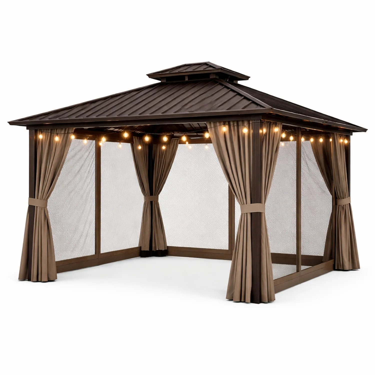 Pavillon aus Aluminium mit Polycarbonat-Dach und Polyester Vorhängen Braun-Lumverohome