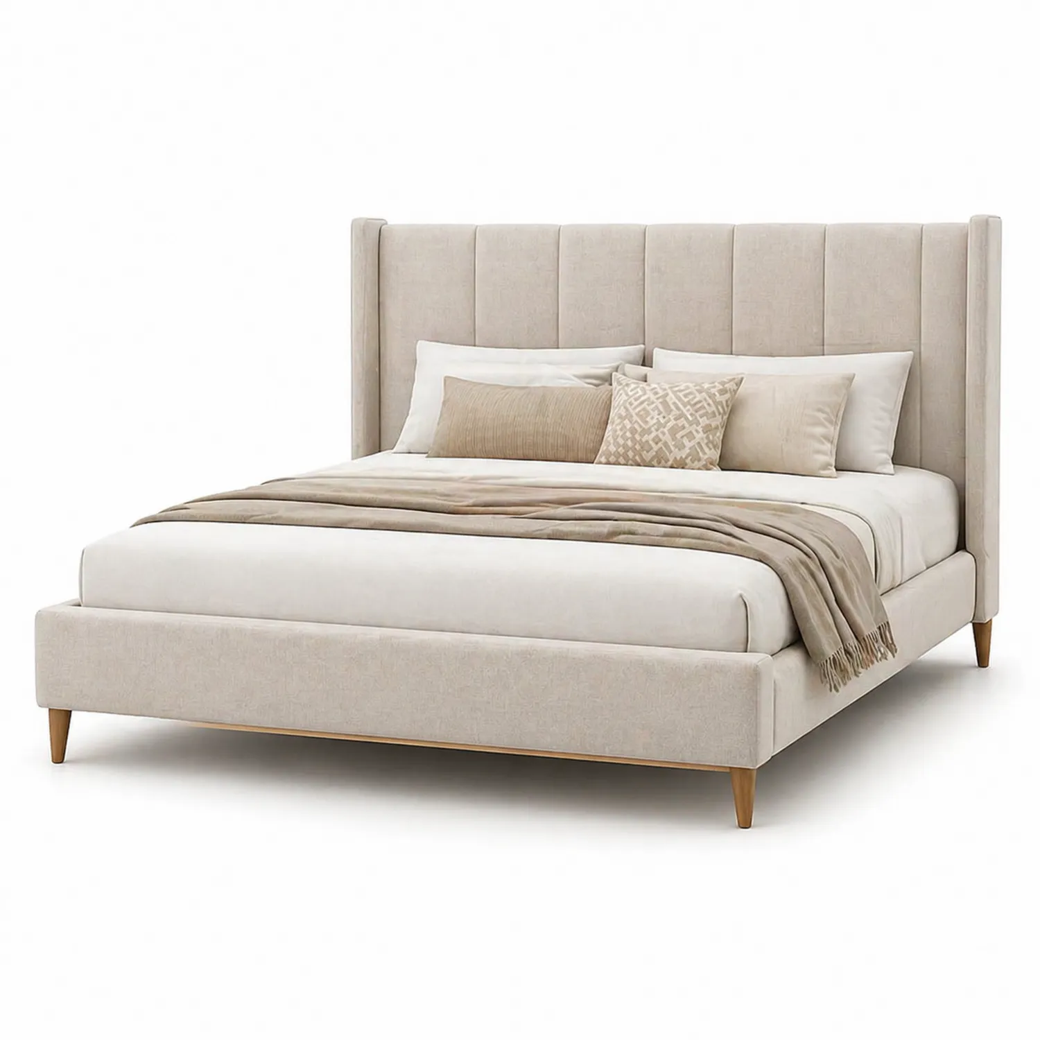 Doppelbett aus Stoff mit Holzbeinen, 200x180 cm, Beige-Lumverohome
